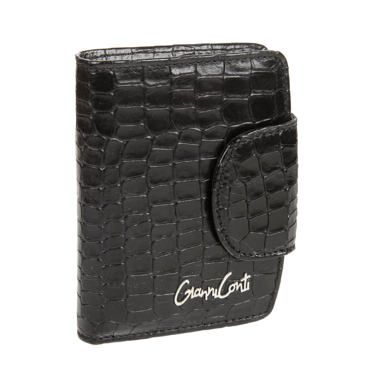 Портмоне Gianni Conti, цвет: черный. 13880351388035 black Портмоне Gianni Conti, цвет: черный. 13880351388035 blackПортмоне Gianni Conti выполнено из высококачественной натуральной кожи с тиснением под крокодила и оформлено металлической надписью в виде названия бренда. Портмоне закрывается на широкий хлястик с кнопкой с возможностью выбора уровня застегивания. Портмоне имеет два кармана для купюр, шесть отделений для визиток, шесть потайных карманов, сетчатый кармашек и кармашек на кнопке для мелочи. Это элегантное портмоне непременно подойдет к вашему образу и порадует простотой, стилем и функциональностью. Портмоне упаковано в коробку из плотного картона с логотипом фирмы.