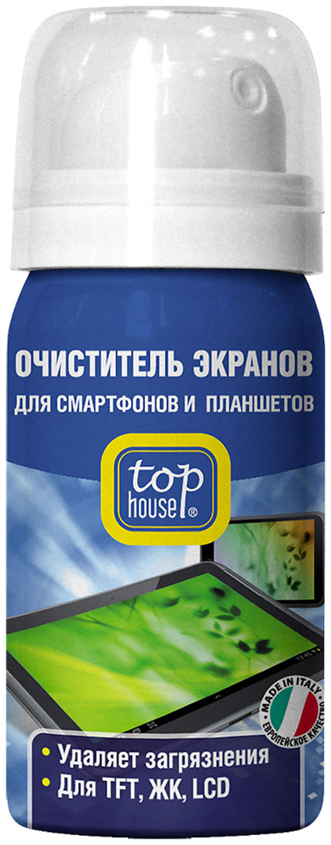 Очиститель экранов для смартфонов и планшетов Top House, 40 мл390940 Очиститель экранов для смартфонов и планшетов Top House, 40 мл390940Очиститель экранов для смартфонов и планшетов Top House (аэрозоль) специально разработан в Италии по современной технологии и с учетом рекомендаций крупнейших производителей компьютерной техники. Подходит для TFT, ЖК, LCD. - Быстро и эффективно удаляет все загрязнения - Не повреждает защитное покрытие экранов - Обладает длительным антистатическим эффектом - Не оставляет пятен и разводов Состав: менее 5% неионные ПАВ, анионные ПАВ; 30-40% изопропиловый спирт; ароматизатор; 25% пропан/бутан; более 30% вода. Товар сертифицирован.