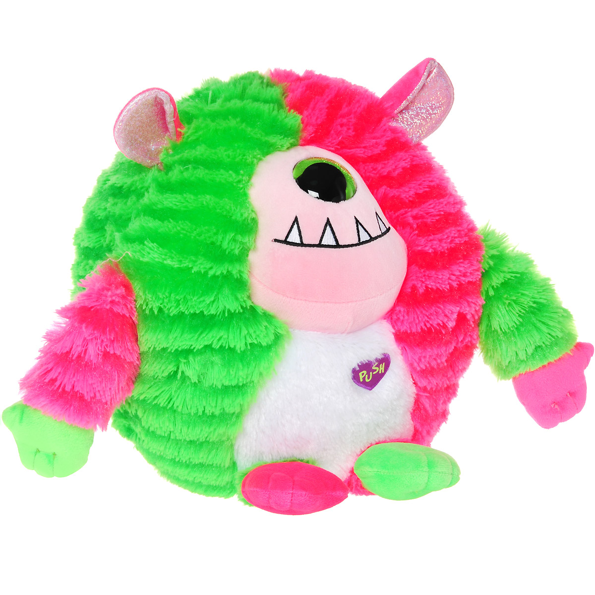Мягкая озвученная игрушка Monstaz Монстр Spike, 27 см37914 Мягкая озвученная игрушка Monstaz Монстр Spike, 27 см37914Очаровательная мягкая игрушка Монстр Spike, выполненная в виде милого монстрика, вызовет умиление и улыбку у каждого, кто ее увидит. Мягкий монстрик Spike из серии Monstaz забавный и очаровательный, его яркие цвета притягивают к себе взгляд. Его шерстка мягкая и приятная на ощупь, она выполнена в розовом и салатовом цветах. Глаз украшен зелеными блестками, ушки выполнены в розовом цвете с блестящей серебристой вставкой. При нажатии на сердечко игрушка начинает говорить милым тоненьким голосом на английском языке, забавно смеяться и дразниться. Специальные гранулы, используемы при набивке игрушки, способствуют развитию мелкой моторики рук малыша. Удивительно мягкая игрушка принесет радость и подарит своему обладателю мгновения нежных объятий и приятных воспоминаний. Игрушка работает от незаменяемых батареек.