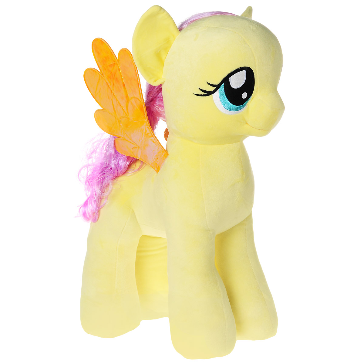 My Little Pony Мягкая игрушка Пони Fluttershy, 68 см90214 My Little Pony Мягкая игрушка Пони Fluttershy, 68 см90214Мягкая игрушка Fluttershy выполнена в виде очаровательной пони желтого цвета с длинным хвостом, гривой и волшебными переливающимися крылышками. Игрушка изготовлена из высококачественного текстильного материала с набивкой из синтепона. Грива и хвостик Флаттершай выполнены из мягкого текстиля, их можно заплетать и расчесывать. Игрушка имеет специальные уплотнения в ногах, что позволяет ей стоять самостоятельно, без опоры. Как и все игрушки серии Beanie Buddy, она изготовлена вручную, с любовью и вниманием к деталям. Флаттершай - очень нежная, робкая и застенчивая. А еще она - самая добрая лошадка в Понивилле! Она очень любит животных и умеет с ними разговаривать, а дома у нее живет целая компания забавных питомцев. Удивительно мягкая игрушка принесет радость и подарит своему обладателю мгновения нежных объятий и приятных воспоминаний. Великолепное качество исполнения делают эту игрушку чудесным подарком к любому празднику.