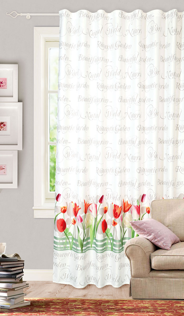 Штора готовая для гостиной Garden, на ленте, цвет: белый, красный, размер 200*260 см. С 10233 - W1223 V8С 10233 - W1223 V8 Штора готовая для гостиной Garden, на ленте, цвет: белый, красный, размер 200*260 см. С 10233 - W1223 V8С 10233 - W1223 V8Готовая портьерная штора для гостиной Garden выполнена из сатина (93% полиэстера и 7% льна) с изящным цветочным принтом и витиеватыми надписями. Полупрозрачность материала, вуалевая текстура и нежная цветовая гамма привлекут к себе внимание и органично впишутся в интерьер комнаты. Штора крепится на карниз при помощи ленты, которая поможет красиво и равномерно задрапировать верх. Штора Garden великолепно украсит любое окно. Стирка при температуре 30°С.