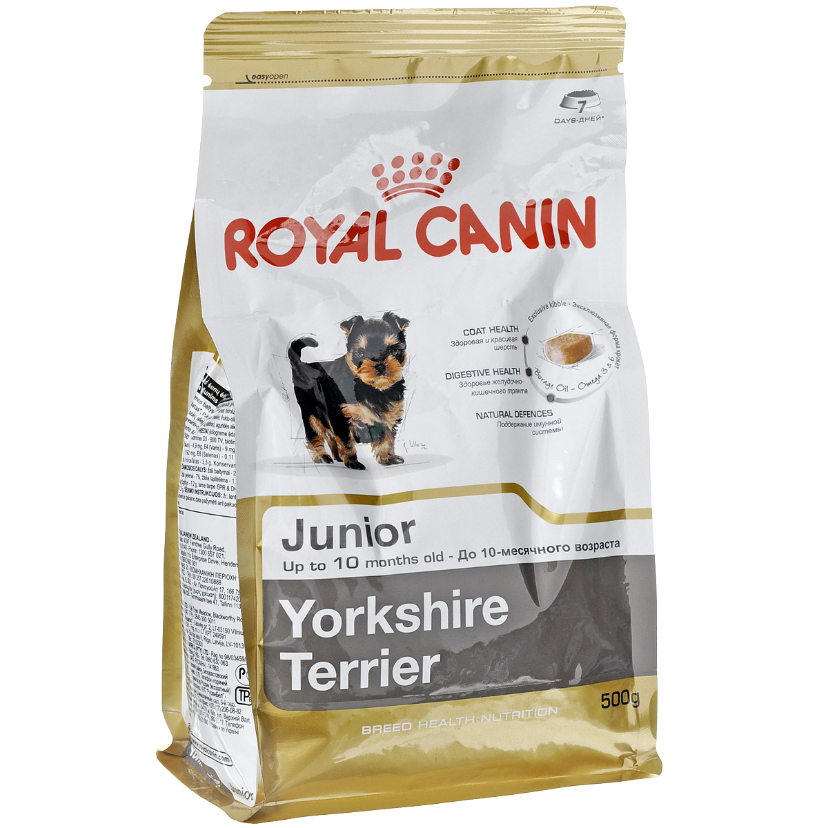 Корм сухой Royal Canin Yorkshire Terrier Junior, для щенков породы йоркширский терьер в возрасте до 10 месяцев, 1,5 кг167015 Корм сухой Royal Canin Yorkshire Terrier Junior, для щенков породы йоркширский терьер в возрасте до 10 месяцев, 1,5 кг167015Сухой корм Royal Canin Yorkshire Terrier Junior - это полнорационный корм для щенков породы йоркширский терьер в возрасте до 10 месяцев. Здоровая шерсть. Эксклюзивная формула поддерживает здоровье и красоту шерсти йоркширского терьера. Корм обогащен жирными кислотами Омега-3 (EPA и DHA) и Омега-6, маслом бурачника и биотином. Безопасность пищеварения. Корм обеспечивает оптимальную безопасность пищеварения и поддерживает баланс кишечной флоры щенков йоркширского терьера. Надежная естественная защита. Корм позволяет обеспечить естественную защиту организма щенка йоркширского терьера. Профилактика образования зубного камня. Благодаря хелаторам кальция и специально подобранной текстуре крокет, которая оказывает чистящее воздействие, корм помогает ограничить образование зубного камня у щенков породы йоркширский терьер. Состав: дегидратированные белки животного происхождения (птица), изолят растительных белков, рис,...