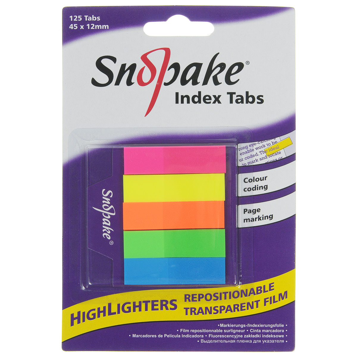 Закладка самоклеящаяся Snopake Index Tab, 4,5 см х 1,2 см, 125 штK13154 Закладка самоклеящаяся Snopake Index Tab, 4,5 см х 1,2 см, 125 штK13154Самоклеящаяся закладка Index Tab станет вашим верным помощником дома и в офисе, и пригодится не только любителям чтения, но и тем, кто работает с большими объемами документов. Яркие закладки розового, желтого, оранжевого, зеленого и синего цветов позволяют не только отметить или выделить нужное место в книге или документе, но и снабдить его своими записями. Закладки совершенно прозрачны и не закрывают текст и могут применяться как безопасная для бумаги альтернатива маркерам- выделителям. Уникальный клеевой состав, нанесенный на закладку, позволяет многократно переклеивать ее, не повреждая при этом страницу. В комплект входят 125 закладок. Самоклеящаяся закладка Index Tab станет практичным офисным или домашним инструментом и поможет вам упорядочить информацию, не повреждая бумагу.
