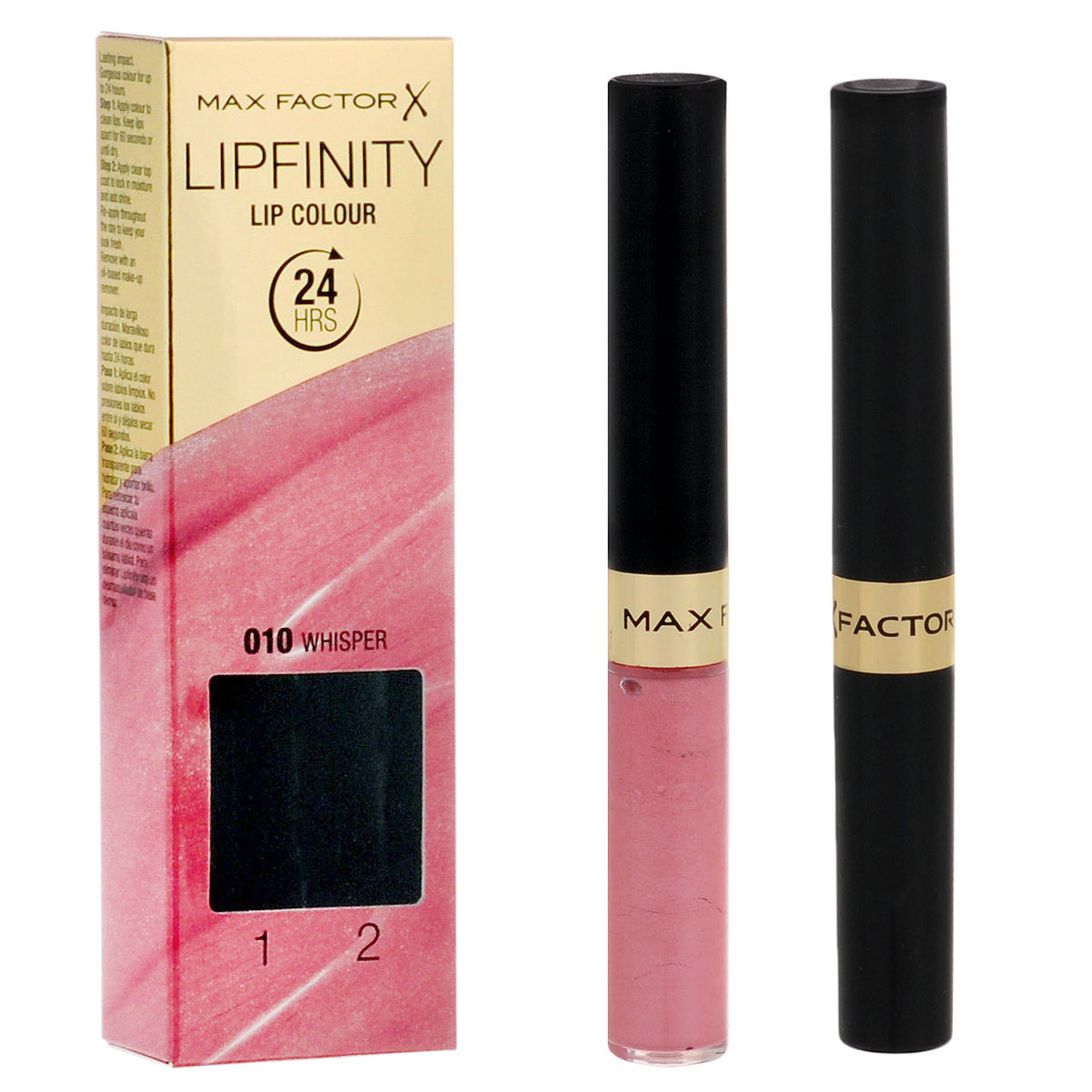 Max Factor Стойкая губная помада и увлажняющий блеск Lipfinity, тон №010 (Whisper), 2х3 мл81435666 Max Factor Стойкая губная помада и увлажняющий блеск Lipfinity, тон №010 (Whisper), 2х3 мл81435666Суперустойчивая помада LIPFINITY – это сенсационный двухступенчатый макияж для губ, который разделяет функции стойкого цвета и увлажнения. Lipfinity включает в себя два продукта – элегантный тюбик с цветом и спонжем для удобного нанесения и суперувлажняющий блеск для губ. В течение дня Ваши губы сохраняют цвет, при необходимости достаточно лишь нанести увлажняющий блеск! Lipfinity- это стойкость и великолепные оттенки на любой вкус! Двухступенчатое нанесение: блеск для роскошного цвета для губ и бальзам для сияние увлажнения. Наноси бальзам регулярно в течение дня, чтобы сохранить свежесть цвета губ. 1. На сухие чистые губы нанести жидкий красящий пигмент специальной кисточкой. 2. Подождать 1 минуту, нанести увлажняющий блеск, который защитит нежную кожу губ от сухости и шелушения и придаст губам глянец. 3. Стойкая губная помада Lipfinity смывается любым средством для снятия макияжа, содержащим жировые компоненты.