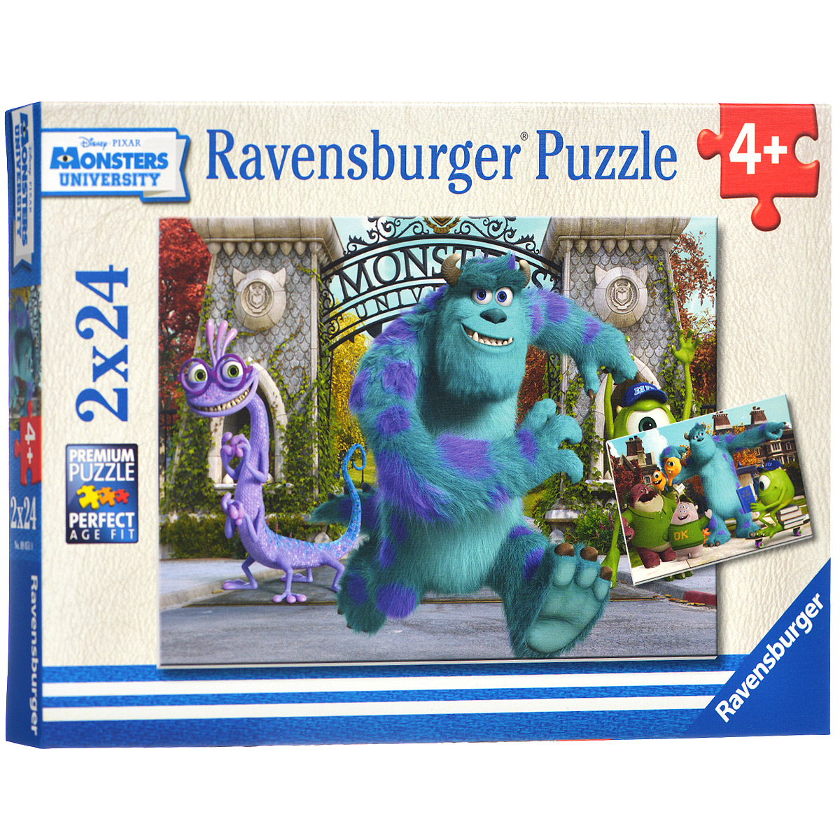 Ravensburger Университет монстров. Пазл, 2 х 24 элементов09051 Ravensburger Университет монстров. Пазл, 2 х 24 элементов09051Пазл Ravensburger Университет монстров, без сомнения, придется по душе вам и вашему малышу. В набор входят два замечательных пазла по 24 детали с изображением героев знаменитого мультфильма Корпорация монстров. Каждая деталь имеет свою форму и подходит только на своё место. Нет двух одинаковых деталей! Пазл изготовлен из картона высочайшего качества. Все изображения аккуратно отсканированы и напечатаны на ламинированной бумаге. Пазл - великолепная игра для семейного досуга. Сегодня собирание пазлов стало особенно популярным, главным образом, благодаря своей многообразной тематике, способной удовлетворить самый взыскательный вкус. А для детей это не только интересно, но и полезно. Собирание пазла развивает мелкую моторику у ребенка, тренирует наблюдательность, логическое мышление, знакомит с окружающим миром, с цветом и разнообразными формами.