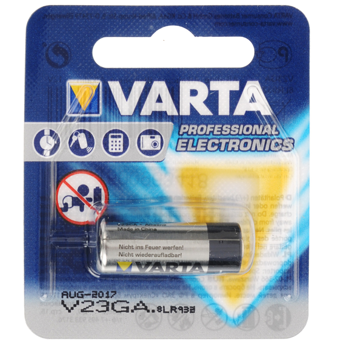 Батарейка Varta Professional Electronics, тип V23GA, 12В, 1 шт38846 Батарейка Varta Professional Electronics, тип V23GA, 12В, 1 шт38846Батарейка Varta Professional Electronics обеспечивает высокую энергию для автомобильных ключей, калькуляторов, фотоаппаратов и других электронных приборов.