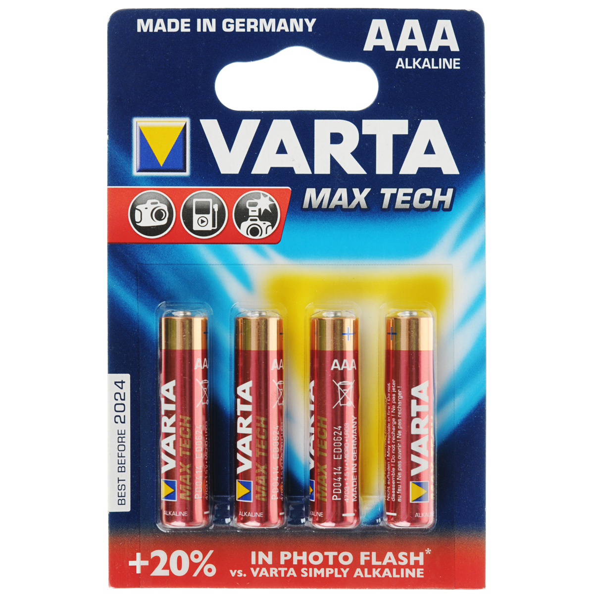 Батарейка Varta Max Tech, тип AAA, 1,5В, 4 шт38432 Батарейка Varta Max Tech, тип AAA, 1,5В, 4 шт38432Батарейка Varta Max Tech обеспечивает точную энергию для таких устройств как: фотовспышки, цифровые фотокамеры, игровые приставки и т.п. Single Press Out Позволяет легко доставать батарейки из упаковки по 1 штуке.