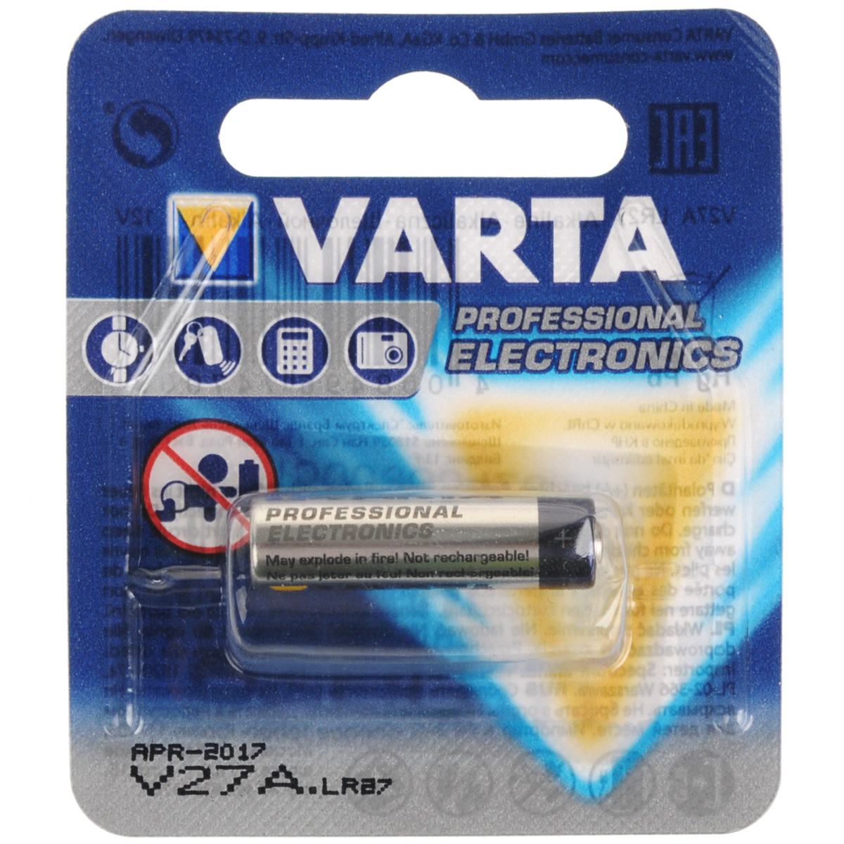 Батарейка Varta Professional Electronics, тип V27A, 12В, 1 шт39437 Батарейка Varta Professional Electronics, тип V27A, 12В, 1 шт39437Батарейка Varta Professional Electronics обеспечивает высокую энергию для автомобильных ключей, калькуляторов, фотоаппаратов и других электронных приборов.