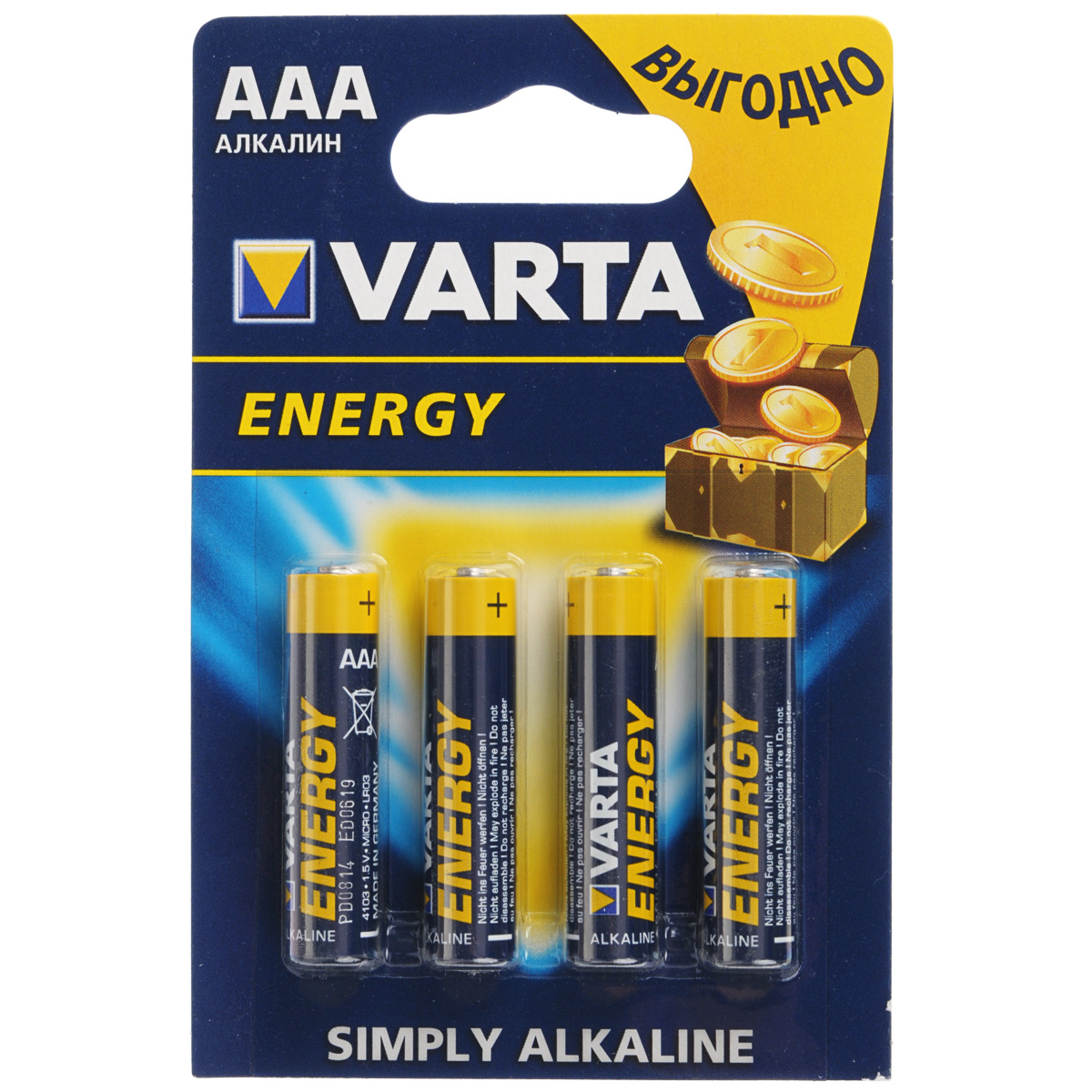 Батарейка Varta Energy, тип AAA, 1,5В, 4 шт38560 Батарейка Varta Energy, тип AAA, 1,5В, 4 шт38560Алкалиновые батарейки Varta Energy отличаются долгим сроком работы, подходят для аудио- видео- техники, а также другой электроники и бытовых приборов. Сделаны из качественных материалов.