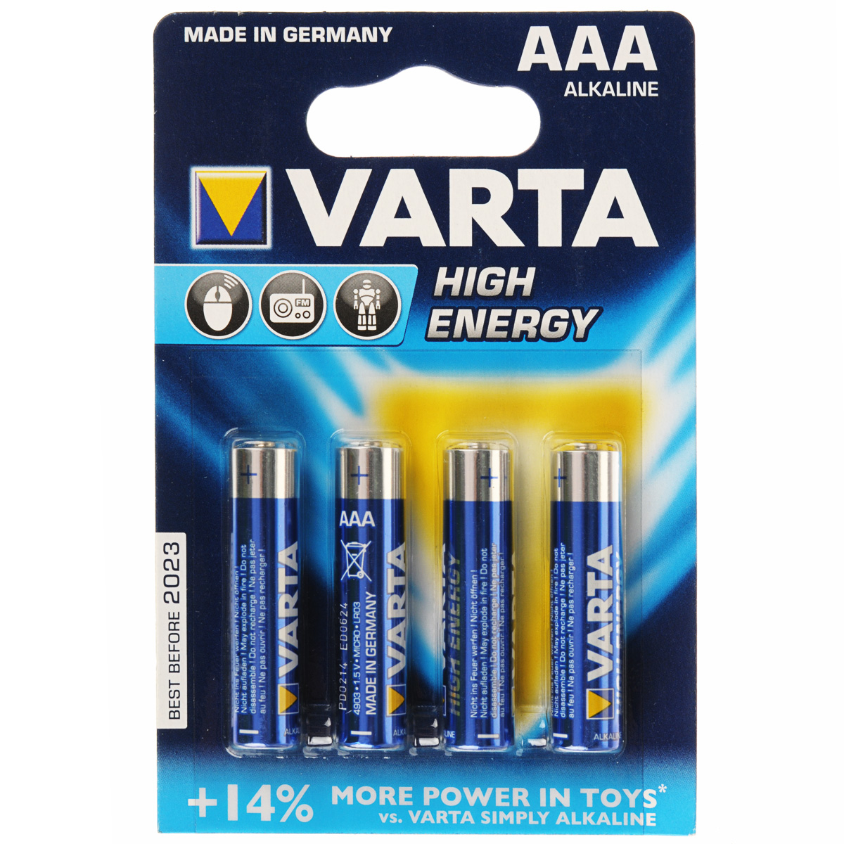 Батарейка Varta High Energy, тип AAA, 1,5В, 4 шт37884 Батарейка Varta High Energy, тип AAA, 1,5В, 4 шт37884Varta High Energy - это наиболее мощная батарейка из ассортимента Varta. Разработана специально для использования в устройствах с высоким и переменным энергопотреблением, таких как: игрушки, аксессуары для компьютеров, фонари или датчики движения. Single Press Out позволяет легко доставать батарейки из упаковки по 1 штуке.