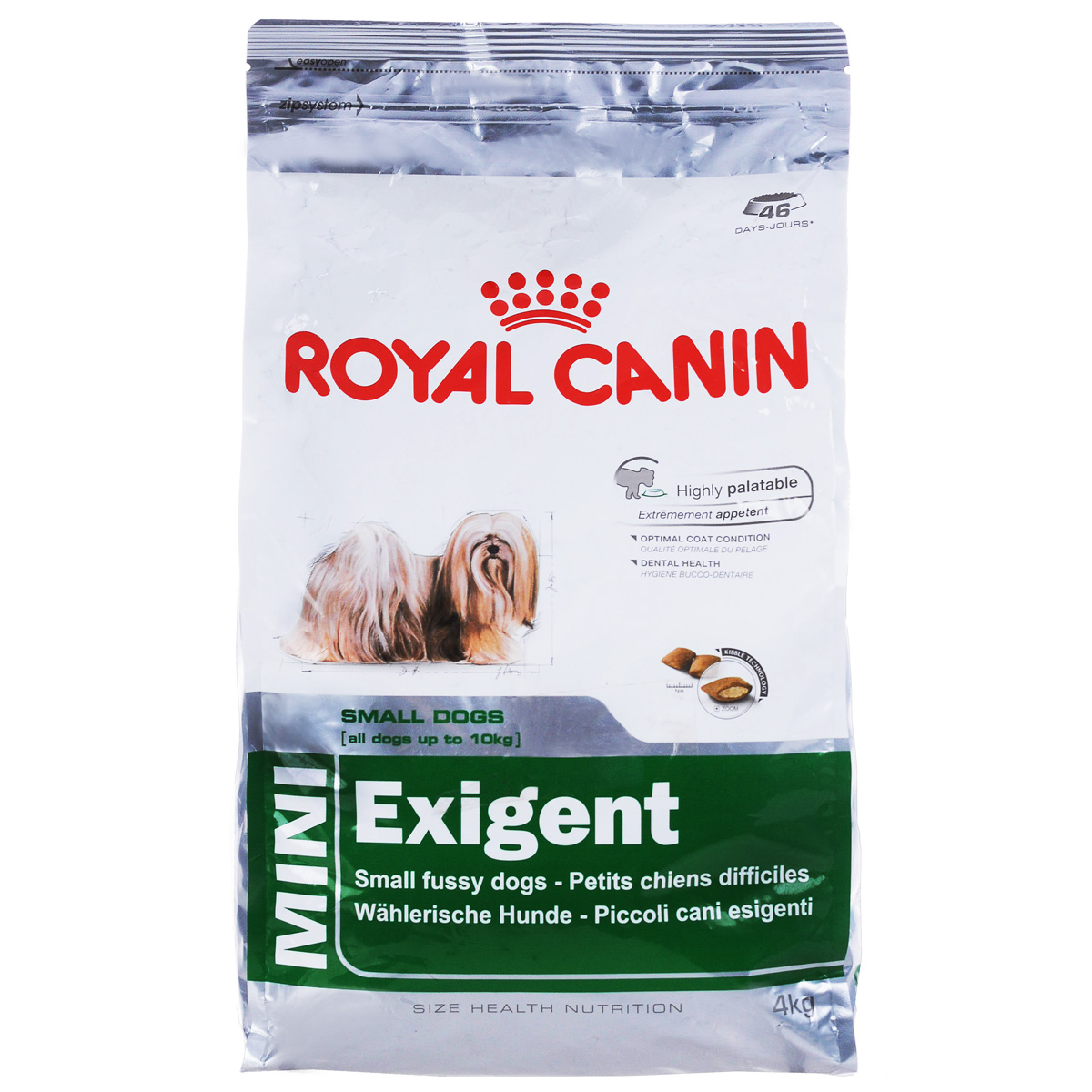 Корм сухой Royal Canin Mini Exigent, для собак мелких пород, привередливых в питании, 4 кг313040 Корм сухой Royal Canin Mini Exigent, для собак мелких пород, привередливых в питании, 4 кг313040Полнорационный сухой корм Royal Canin Mini Exigent для подходит собакам мелких размеров (вес взрослой собаки до 10 кг) старше 10 месяцев. Специальная технология изготовления крокет сочетает 2 вида текстур (хрустящую и мягкую), а также уникальные вкусовые добавки, что придется по вкусу даже самым привередливым собакам мелких размеров. Корм питает шерсть благодаря включению в состав корма серосодержащих аминокислот (метионин и цистин), жирных кислот Омега 6 и витамина А. Помогает замедлить образование зубного налета благодаря полифосфату натрия, который связывает кальций, содержащийся в слюне. Состав: дегидратированное мясо птицы, животные жиры, предварительно обработанная пшеничная мука, рис, изолят растительных белков L.I.P., гидролизат белков животного происхождения, кукурузная мука, растительная клетчатка, свекольный жом, рыбий жир, минеральные вещества, фруктоолигосахариды, масло огуречника аптечного 0,1%. Добавки в 1 кг: витамин А 29700 МЕ, витамин D3 800 МЕ,...