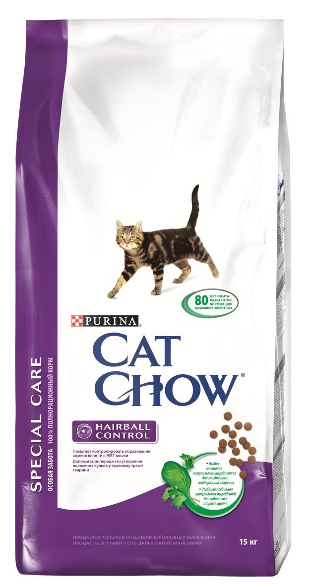 Корм сухой для кошек Cat Chow Special Care, контроль шерсти, 15 кг12147110 Корм сухой для кошек Cat Chow Special Care, контроль шерсти, 15 кг12147110Корм сухой Cat Chow Special Care - полнорационный корм для взрослых кошек, помогающий контролировать образование комков шерсти в желудочно-кишечном тракте. Сама природа вдохновляет компанию PURINA на разработку кормов, которые максимально отвечают потребностям ваших питомцев, с учетом их природных инстинктов. Имея более чем 80-ти летний опыт в области питания животных, PURINA создала новый корм Cat Chow - полностью сбалансированный корм, который не только доставит удовольствие вашей кошке, но и будет полезным для ее здоровья. Особенности корма Cat Chow Special Care: Высокое содержание мяса, с источниками высококачественного белка в каждой порции для поддержания оптимальной массы тела. Особое сочетание натуральных ингредиентов: тщательно отобранные травы и овощи (петрушка, шпинат, морковь, горох). Отборные ингредиенты придают особый аромат. Высокое содержание витамина Е для поддержания естественной защиты организма...