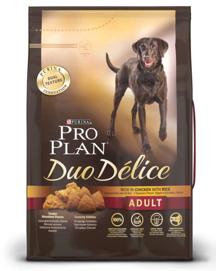 Корм сухой для собак Pro Plan Duo Delice, с курицей и рисом, 2,5 кг12176334 Корм сухой для собак Pro Plan Duo Delice, с курицей и рисом, 2,5 кг12176334Сухой корм Pro Plan Duo Delice - это полнорационный корм для взрослых собак, с курицей и рисом. Корм обеспечивает правильный баланс питательных веществ для поддержания здоровья и хорошего самочувствия взрослых собак. Тщательно отобранные ингредиенты и специально разработанный процесс приготовления обеспечивают высокую усвояемость корма, благодаря чему собаки получают необходимые им питательные вещества. Собаки обожают инновационное сочетание хрустящих крокет и мягких кусочков, в которых основным ингредиентом является курица. Уникальное сочетание хрустящих крокет и мягких кусочков побуждает собаку с удовольствием пережевывать корм. Механическое воздействие хрустящих крокет на зубы вашей собаки, действует как зубная щетка, тем самым способствует уменьшению отложения зубного камня. Содержащаяся в корме клетчатка помогает поддерживать здоровье пищеварительного тракта, помогает улучшить качество стула, а белок из специально выбранных ингредиентов легко...