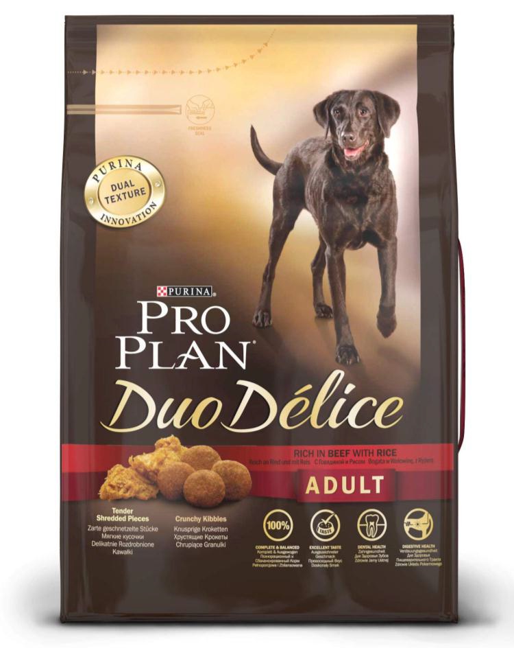 Корм сухой для собак Pro Plan Duo Delice, с говядиной и рисом, 2,5 кг12202612 Корм сухой для собак Pro Plan Duo Delice, с говядиной и рисом, 2,5 кг12202612Сухой корм Pro Plan Duo Delice - это полнорационный корм для взрослых собак, с говядиной и рисом. Корм обеспечивает правильный баланс питательных веществ для поддержания здоровья и хорошего самочувствия взрослых собак. Тщательно отобранные ингредиенты и специально разработанный процесс приготовления обеспечивают высокую усвояемость корма, благодаря чему собаки получают необходимые им питательные вещества. Собаки обожают инновационное сочетание хрустящих крокет и мягких кусочков, в которых основным ингредиентом является говядина. Уникальное сочетание хрустящих крокет и мягких кусочков побуждает собаку с удовольствием пережевывать корм. Механическое воздействие хрустящих крокет на зубы вашей собаки, действует как зубная щетка, тем самым способствует уменьшению отложения зубного камня. Содержащаяся в корме клетчатка помогает поддерживать здоровье пищеварительного тракта, помогает улучшить качество стула, а белок из специально выбранных ингредиентов легко...