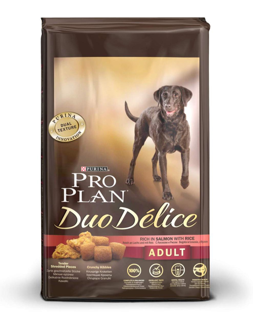 Корм сухой для собак Pro Plan Duo Delice, с лососем и рисом, 10 кг12202615 Корм сухой для собак Pro Plan Duo Delice, с лососем и рисом, 10 кг12202615Сухой корм Pro Plan Duo Delice - это полнорационный корм для взрослых собак, с лососем и рисом. Корм обеспечивает правильный баланс питательных веществ для поддержания здоровья и хорошего самочувствия взрослых собак. Тщательно отобранные ингредиенты и специально разработанный процесс приготовления обеспечивают высокую усвояемость корма, благодаря чему собаки получают необходимые им питательные вещества. Собаки обожают инновационное сочетание хрустящих крокет и мягких кусочков, в которых основным ингредиентом является лосось. Уникальное сочетание хрустящих крокет и мягких кусочков побуждает собаку с удовольствием пережевывать корм. Механическое воздействие хрустящих крокет на зубы вашей собаки, действует как зубная щетка, тем самым способствует уменьшению отложения зубного камня. Содержащаяся в корме клетчатка помогает поддерживать здоровье пищеварительного тракта, помогает улучшить качество стула, а белок из специально выбранных ингредиентов легко...