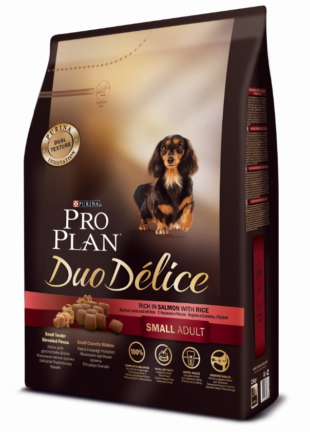 Корм сухой Pro Plan Duo Delice для собак мелких и карликовых пород, с лососем и рисом, 2,5 кг12251961 Корм сухой Pro Plan Duo Delice для собак мелких и карликовых пород, с лососем и рисом, 2,5 кг12251961Сухой корм Pro Plan Duo Delice - это полнорационный корм для взрослых собак мелких и карликовых пород. Это первый корм для собак, сочетающий в себе безупречные питательные свойства вместе с исключительным вкусом. Он состоит из уникального комплекса питательных хрустящих гранул и нежных измельченных кусочков мяса, которые собаки просто обожают. Состав: лосось (15%), сухой белок птицы, кукуруза, пшеница, рис (4%), животный жир, пшеничный глютен, сухая мякоть свеклы, минералы, вкусоароматическая кормовая добавка, кукурузный глютен, пропиленгликоль, яичный порошок, солодовая мука, витамины. Добавленные вещества (на 1 кг): витамин А 28200 МЕ; витамин D3 920 МЕ; витамин Е 550 МЕ; витамин С 140 мг; железо 75 мг; йод 1,9 мг; медь 10 мг; марганец 35 мг; цинк 140 мг; селен 0,12 мг. Технологические добавки: экстракт токоферолов натурального происхождения 50 мг/кг. Гарантируемые показатели: белок 27%, жир 17%, сырая зола 8%, сырая клетчатка 2%. Товар...