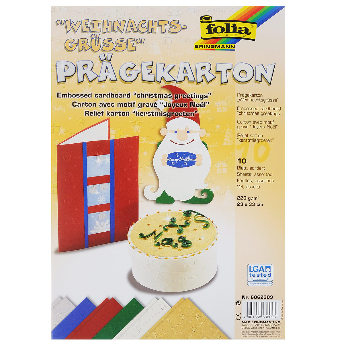 Картон текстурированный Folia Рождество, 23 x 33 см, 10 листов7708055 Картон текстурированный Folia Рождество, 23 x 33 см, 10 листов7708055Картон Folia Рождество с оригинальной текстурой идеально подходит для декора, скрапбукинга, создания поздравительных карточек, украшения интерьера, различных поделок и др. Картон прекрасно держит форму и отлично крепится.
