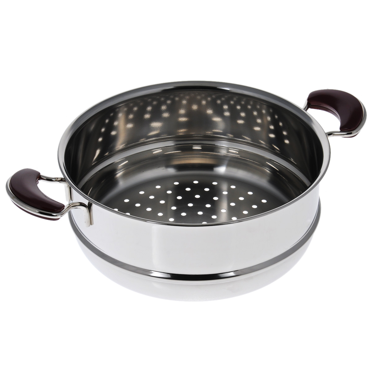 Вставка-дуршлаг Kitchen-Art EX Pot. Диаметр 26 смZH3006 Вставка-дуршлаг Kitchen-Art EX Pot. Диаметр 26 смZH3006Вставка-дуршлаг Kitchen-Art EX Pot выполнена из высококачественной нержавеющей стали с зеркальной полировкой. Дно изделия с трехслойным напылением, легкое, но очень прочное. Модный европейский дизайн, обтекаемые линии и формы. Изделие может использоваться как вставка-пароварка для обычной кастрюли или как обычный дуршлаг. Для удобного использования ручки из нержавеющей стали оснащены бакелитовыми вставками бордового цвета. Можно мыть в посудомоечной машине. Высота стенки: 10 см. Ширина (с учетом ручек): 37 см. Толщина стенки: 2 мм.