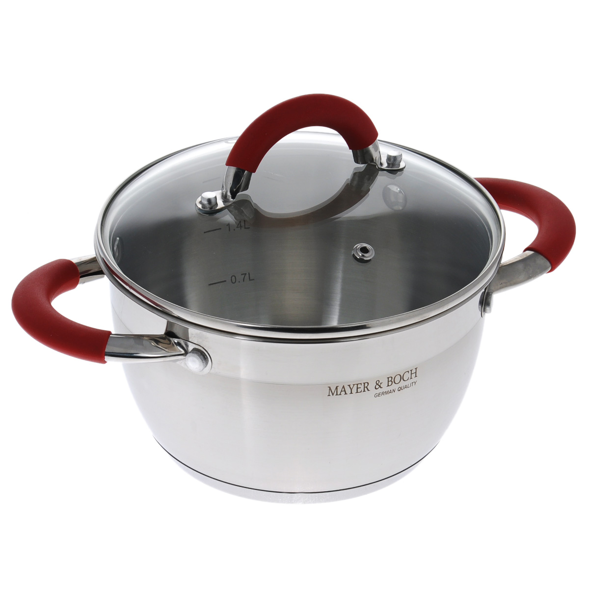 Кастрюля Mayer & Boch с крышкой, 2,1 л. 45454545 Кастрюля Mayer & Boch с крышкой, 2,1 л. 45454545Кастрюля Mayer & Boch изготовлена из высококачественной нержавеющей стали с глянцевой поверхностью. Это экологически чистый материал без примесей кадмия и свинца, который гарантирует коррозионную стойкость и долговечность. Специальная многоуровневая конструкция позволяет приготовить одновременно до трех разных блюд. Идеально подходит для блюд национальной кухни: мантов, паровых пельменей и др. Кастрюля оснащена удобными ручками с силиконовыми вставками. Крышка из жаропрочного стекла с отверстием для выхода пара плотно прилегает к краю кастрюли. Подходит для всех типов плит, включая индукционные. Можно мыть в посудомоечной машине. Высота кастрюли (без учета крышки): 11 см. Толщина стенки: 2 мм. Толщина дна: 2 мм. Диаметр по верхнему краю: 18 см. Диаметр индукционного дна: 13,5 см.