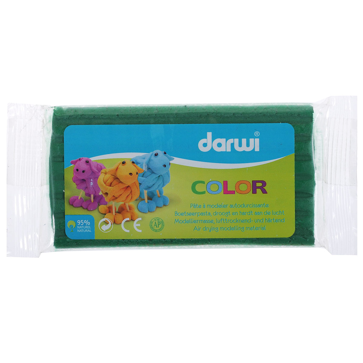 Масса для лепки Darwi Color, цвет: зеленый (600), 100 г692533_600 Масса для лепки Darwi Color, цвет: зеленый (600), 100 г692533_600Масса для лепки Darwi Color - это однородная, самозатвердевающая полимерная глина, предназначенная для лепки. Уже готова к использованию. Масса прекрасно подойдет для детского творчества. Неоспоримое преимущество в том, что ее состав полностью из натуральных продуктов, поэтому масса для лепки гипоаллергенна. Немного пачкает руки. После полного высыхания (минимум 24 часа) масса становится очень твердой и дает небольшую усадку. При высыхании не трескается. После отверждения можно покрывать лаком, красками. Для получения нужных оттенков можно добавлять в массу масляную краску. Масса легко режется ножницами или ножом. Не рекомендуется давать детям до 3-х лет. Транспортировка и хранение только при положительной температуре.