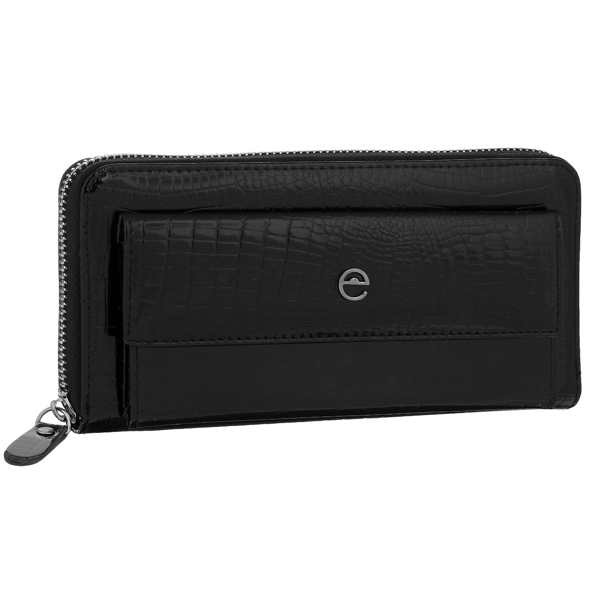 Кошелек женский Cheribags, цвет: черный. 02K-3014C-1002K-3014C-10 Кошелек женский Cheribags, цвет: черный. 02K-3014C-1002K-3014C-10Ультрамодный женский кошелек Cheribags изготовлен из лакированной кожи и декорирован тиснением под рептилию. Лицевая сторона оформлена металлической пластиной в виде логотипа бренда. Изделие закрывается на застежку-молнию. Внутри - три отделения для купюр, отсек для мелочи на застежке-молнии, два кармана для бумаг и чеков, четыре прорези для банковских карт и два сетчатых кармана. На лицевой стороне кошелька расположен накладной карман, закрывающийся клапаном на кнопку. Кошелек оснащен съемной ручкой-петелькой. Изделие упаковано в фирменную коробку. Изысканный кошелек займет достойное место в вашей коллекции аксессуаров.