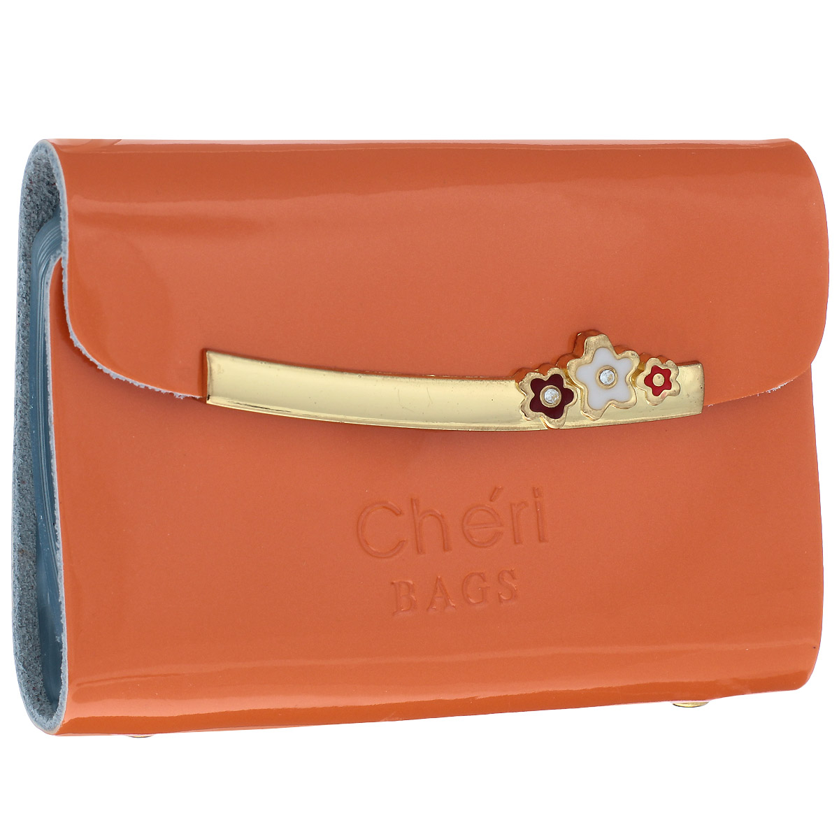 Визитница женская Cheribags, цвет: оранжевый. V-0494-22V-0494-22 Визитница женская Cheribags, цвет: оранжевый. V-0494-22V-0494-22Элегантная визитница Cheribags изготовлена из натуральной лаковой кожи и декорирована тисненым названием бренда спереди. Лицевая сторона украшена декоративным элементом из металла с цветами. Изделие закрывается клапаном на кнопку. Внутри - блок из прозрачного мягкого пластика на 26 визиток, который крепится к корпусу визитницы на металлические заклепки. Стильная визитница - это не только практичная вещь для хранения пластиковых карт, но и модный аксессуар, который подчеркнет ваш неповторимый стиль.