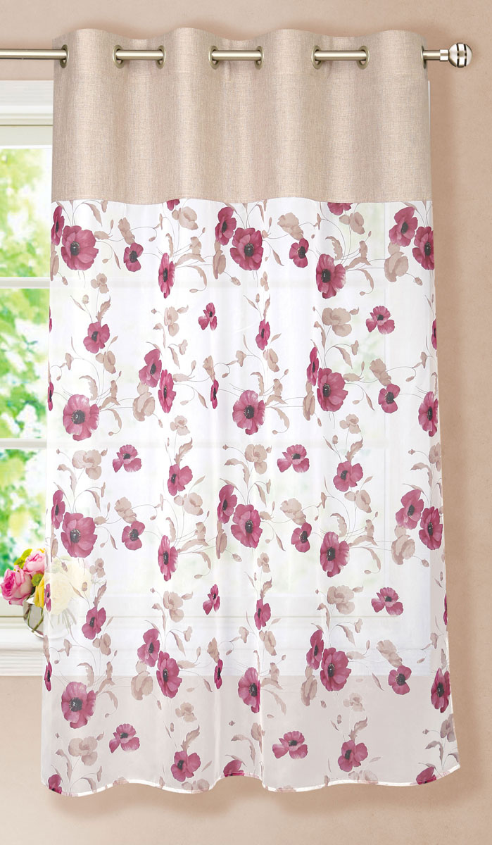 Штора готовая для кухни Garden, на кольцах, цвет: бордовый, размер 150*180 см. С 10213 - W191 - W1884 V4С 10213 - W191 - W1884 V4 Штора готовая для кухни Garden, на кольцах, цвет: бордовый, размер 150*180 см. С 10213 - W191 - W1884 V4С 10213 - W191 - W1884 V4Элегантная тюлевая штора Garden выполнена из вуали (полиэстера). Сочетание плотной и полупрозрачной ткани, приятная цветовая гамма, цветочный принт привлекут к себе внимание и органично впишутся в интерьер помещения. Такая штора идеально подходит для солнечных комнат. Мягко рассеивая прямые лучи, она хорошо пропускает дневной свет и защищает от посторонних глаз. Отличное решение для многослойного оформления окон. Эта штора будет долгое время радовать вас и вашу семью! Штора крепится на карниз при помощи металлических колец, которые помогут красиво и равномерно задрапировать верх.