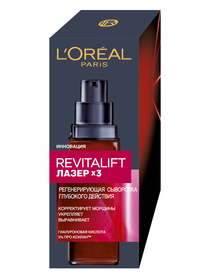 LOreal Paris Revitalift Лазер х3 Антивозрастная сыворотка против морщин для лица, 30 млA6675001 LOreal Paris Revitalift Лазер х3 Антивозрастная сыворотка против морщин для лица, 30 млA6675001Лаборатории Л’Ореаль Париж создают 1-й антивозрастной уход*, который бросает вызов лазерной процедуре. Антивозрастная сыворотка Revitalift Лазер Х3 содержит фрагментированную гиалуроновую кислоту, которая быстро проникает в кожу, разглаживает** и интенсивно воздействует на морщины. Про-Ксилан, содержащийся в составе формулы, стимулирует и укрепляет волокна, поддерживающие кожу**, а Про-Керамид и LHA уход способствует сужению пор. Поверхность и тон кожи выравниваются. Результат: - День за днем морщины сокращаются, поры сужаются. - Через 1 месяц кожа более однородная и упругая. 82% женщин отметили, что кожа стала более плотной*** *От LOreal Paris **Test in vitro. *** Самостоятельная оценка 52 женщин Впервые рекордная 3%-я концентрация Про-Ксилана входит в состав гаммы уходов Revitalift Лазер Х3 для достижения максимального эффекта в борьбе с морщинами. Про-Ксилан стимулирует синтез естественных компонентов клеточного матрикса и укрепляет эпидермальные соединения. Лаборатории...