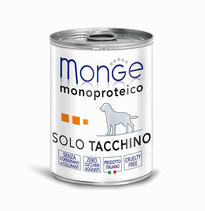Консервы для собак Monge Monoproteico Solo, паштет из индейки, 400 г70014229 Консервы для собак Monge Monoproteico Solo, паштет из индейки, 400 г70014229Консервы для собак Monge Monoproteico Solo - монобелковый паштет с мясом индейки для собак. Состав: свежая индейка (соответствует 100% использованного мяса), минеральные вещества, витамины. В данном продукте нет клейковины, красителей, консервантов, а также глютена. Технологические добавки: загустители и желирующие вещества. Анализ компонентов: сырой белок 8%, сырые масла и жиры 6,5%, сырая клетчатка 0,5%, сырая зола 1,5%, влажность 80%. Витамины и добавки на 1 кг: витамин А 2500 МЕ, витамин D3 300 МЕ, витамин Е 7 мг. Товар сертифицирован.
