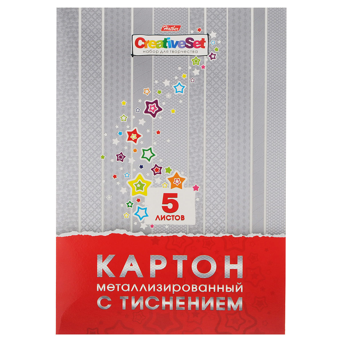 Металлизированный картон Hatber Creative Set, с тиснением, цвет: серебристый, 5 листов5К4мтт_12145 Металлизированный картон Hatber Creative Set, с тиснением, цвет: серебристый, 5 листов5К4мтт_12145Металлизированный картон Hatber Creative Set позволит вашему ребенку создавать всевозможные аппликации и поделки. Набор состоит из пяти листов картона серебристого цвета с объемным тиснением различными узорами. Картон упакован в яркую оригинальную картонную папку. Создание поделок из металлизированного картона поможет ребенку в развитии творческих способностей, кроме того, это увлекательный досуг. Рекомендуемый возраст от 6 лет.