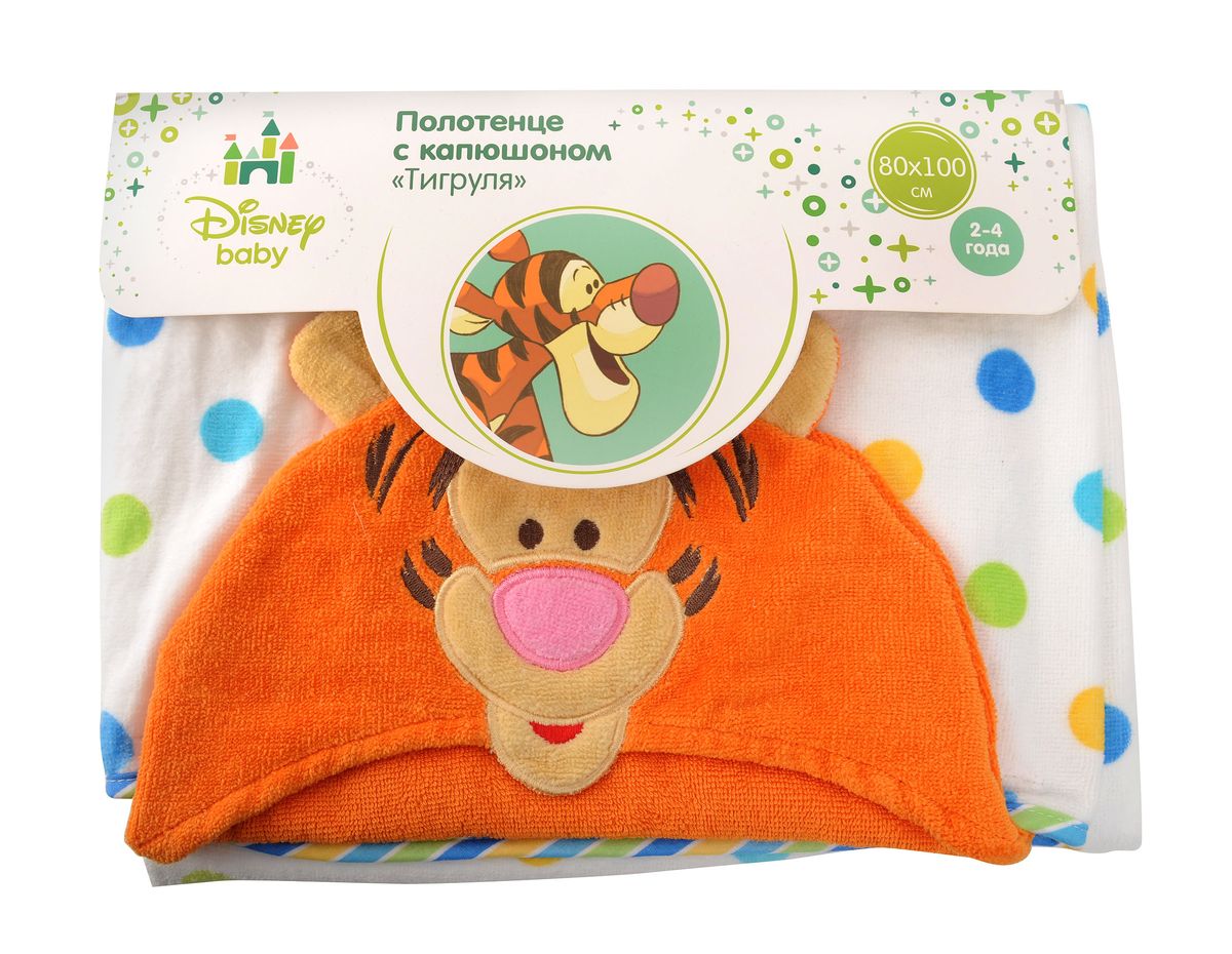 Полотенце с капюшоном Disney Тигруля, 80 х 100 см64917 Полотенце с капюшоном Disney Тигруля, 80 х 100 см64917Комфортное легкое полотенце с капюшоном Disney Тигруля укутает вашего малыша после водных процедур. Мягкая ткань из натурального хлопка хорошо впитывает воду и создает приятные ощущения на коже. Капюшон в виде Тигры из мультфильма Винни-Пух надежно прикрывает голову и влажные волосы, защищает от сквозняков, прохлады и солнечных лучей. Яркий дизайн полотенца порадует вашего ребенка и сделает купание настоящим удовольствием! Размер полотенца: 80 см х 100 см.