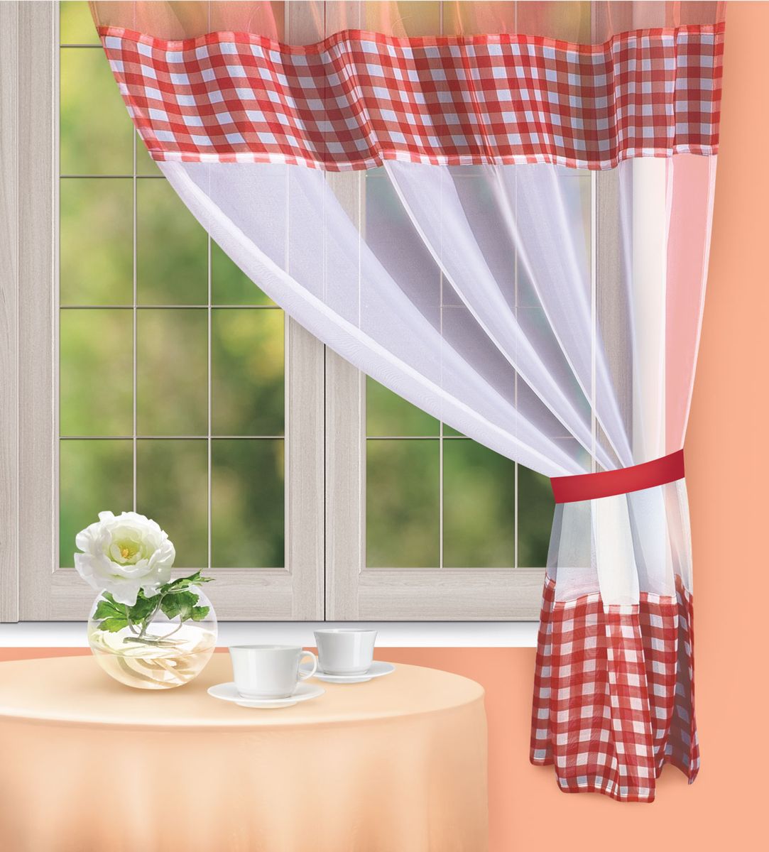 Штора для кухни Home Queen Red Kitchen, на петлях, цвет: красный, высота 170 см. 6740167401 Штора для кухни Home Queen Red Kitchen, на петлях, цвет: красный, высота 170 см. 6740167401Яркая штора Home Queen Red Kitchen выполнена из полиэстера. Полупрозрачная ткань, приятная цветовая гамма, принт в клетку привлекут к себе внимание и органично впишутся в интерьер помещения. Такая штора идеально подходит для солнечных комнат. Мягко рассеивая прямые лучи, она хорошо пропускает дневной свет и защищает от посторонних глаз. Отличное решение для многослойного оформления окон. Эта штора будет долгое время радовать вас и вашу семью! Изделие можно зафиксировать в одном положении с помощью однотонного подхвата на пуговице. Штора крепится на карниз при помощи петель. В комплект входит: Штора: 1 шт. Размер (Ш х В): 142 см х 170 см. Подхват: 1 шт. Размер (Д х Ш): 31 см х 4,5 см.