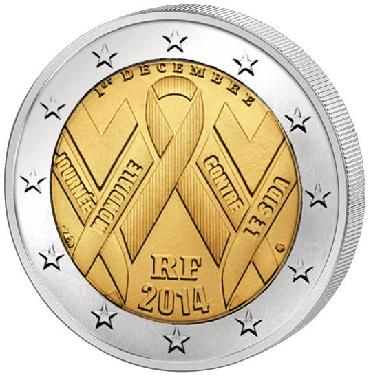 Монета номиналом 2 евро Всемирный день борьбы со СПИДом. Франция, 2014 год304329 Монета номиналом 2 евро Всемирный день борьбы со СПИДом. Франция, 2014 год304329Диаметр 2,5 см. Сохранность UNC (без обращения).