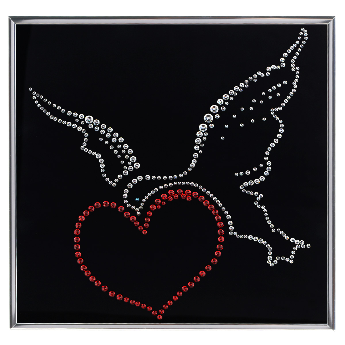 Картина с кристаллами Swarovski Птица счастья, 25 см х 25 см1253 Картина с кристаллами Swarovski Птица счастья, 25 см х 25 см1253Изящная картина в металлической раме, инкрустирована кристаллами Swarovski, которые отличаются четкой и ровной огранкой, ярким блеском и чистотой цвета. Красочное изображение сердца с птицей, расположенное под стеклом, прекрасно дополняет блеск кристаллов. С обратной стороны имеется металлическая петелька для размещения картины на стене. Картина с кристаллами Swarovski Птица счастья элегантно украсит интерьер дома или офиса, а также станет прекрасным подарком, который обязательно понравится получателю. Блеск кристаллов в интерьере, что может быть сказочнее и удивительнее. Картина упакована в подарочную картонную коробку синего цвета и комплектуется сертификатом соответствия Swarovski.
