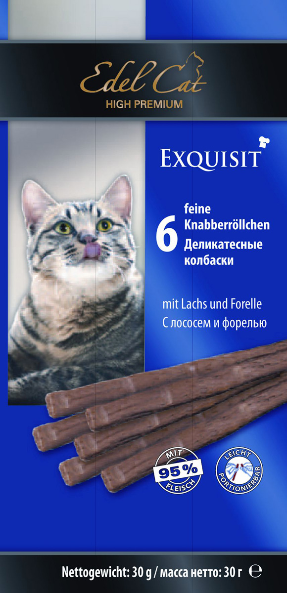 Колбаски жевательные для кошек Edel Cat, с лососем и форелью, 30 г, 6 шт12824 Колбаски жевательные для кошек Edel Cat, с лососем и форелью, 30 г, 6 шт12824Жевательные колбаски Edel Cat используются в качестве лакомства и как дополнение к основному корму кошки старше 8 месяцев. На 95% состоят из свежего мяса с добавлением витаминно-минерального комплекса. Специальные рисочки на колбаске облегчат ее ломание. Противопоказано котятам, моложе восьми месяцев, кошкам с лишним весом, с сахарным диабетом, с заболеваниями почек или печени. Состав: мясо и мясопродукты (95%, в т.ч. 6% лосося, 6% форели), минеральные вещества. Технологические добавки: антиоксиданты, консерванты. Аналитический состав: сырой протеин 33,5%, влажность 28%, сырой жир 20%, сырая зола 10%, сырая клетчатка 2%. Вес: 30 г. Товар сертифицирован.