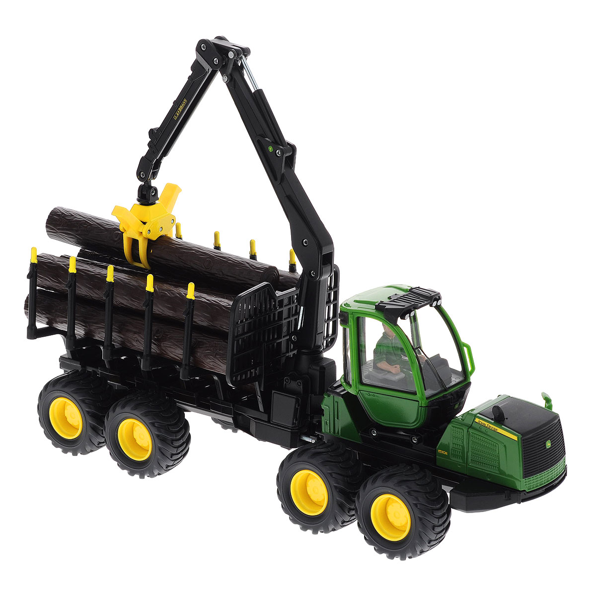 Siku Лесовоз John Deere Forwarder4061 Siku Лесовоз John Deere Forwarder4061Коллекционная модель Siku John Deere Forwarder выполнена в виде точной копии укладчика бревен с кузовом и захватом для бревен в масштабе 1/32. Такая модель понравится не только ребенку, но и взрослому коллекционеру и приятно удивит вас высочайшим качеством исполнения. Корпус трактора выполнен из металла, кабина трактора из пластика, стекла из прозрачного пластика, колеса прорезинены. Бревна выполнены из пластика. Кабина вращается вокруг своей оси. Передние колеса поворачиваются. Стрела поворачивается, поднимается и опускается, может захватывать брёвна, в кабине фигурка оператора. Коллекционная модель отличается великолепным качеством исполнения и детальной проработкой, она станет не только интересной игрушкой для ребенка, интересующегося агротехникой, но и займет достойное место в любой коллекции.