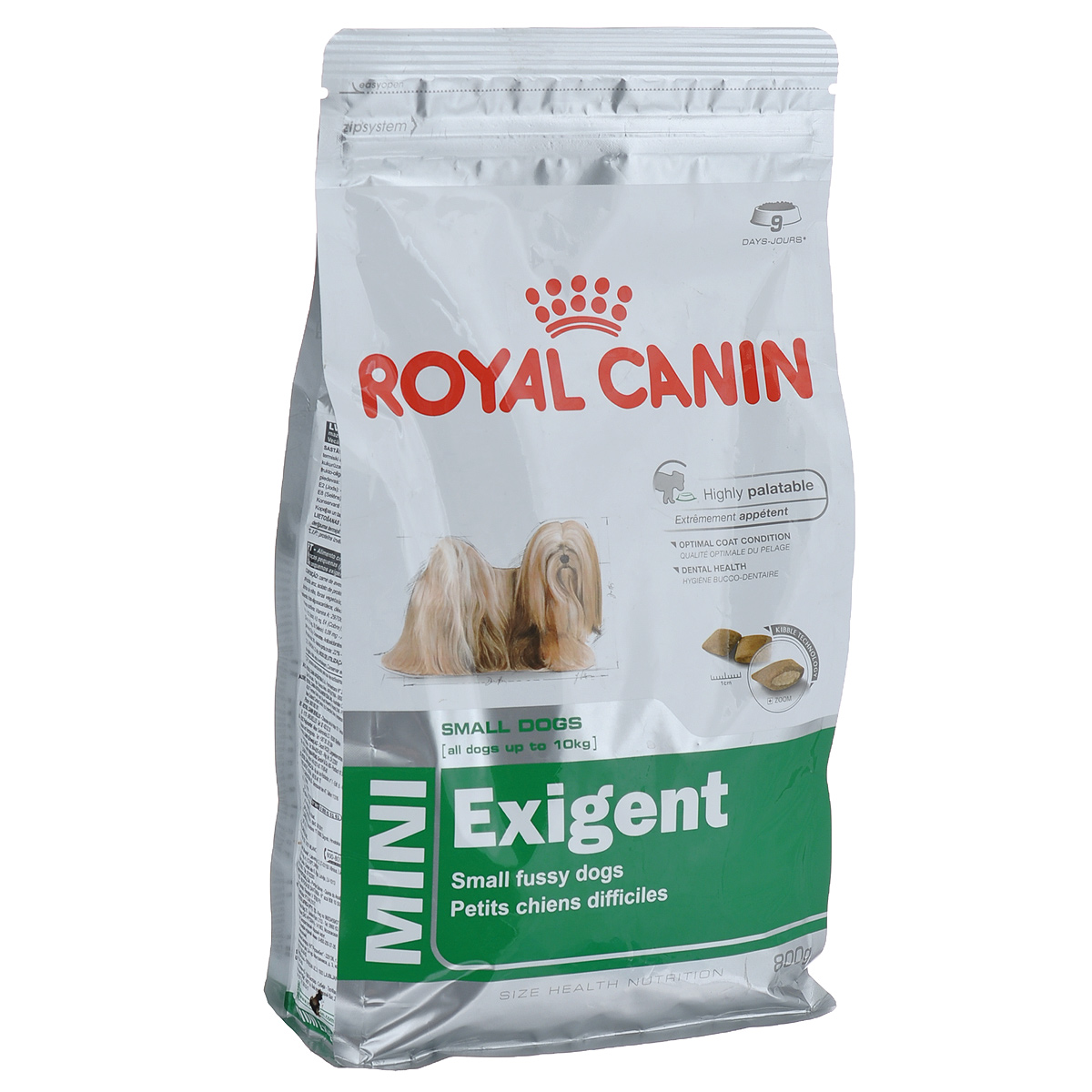 Корм сухой Royal Canin Mini Exigent, для собак мелких пород, привередливых в питании, 800 г313008 Корм сухой Royal Canin Mini Exigent, для собак мелких пород, привередливых в питании, 800 г313008Полнорационный сухой корм Royal Canin Mini Exigent для подходит собакам мелких размеров (вес взрослой собаки до 10 кг) старше 10 месяцев. Специальная технология изготовления крокет сочетает 2 вида текстур (хрустящую и мягкую), а также уникальные вкусовые добавки, что придется по вкусу даже самым привередливым собакам мелких размеров. Корм питает шерсть благодаря включению в состав корма серосодержащих аминокислот (метионин и цистин), жирных кислот Омега 6 и витамина А. Помогает замедлить образование зубного налета благодаря полифосфату натрия, который связывает кальций, содержащийся в слюне. Состав: дегидратированное мясо птицы, животные жиры, предварительно обработанная пшеничная мука, рис, изолят растительных белков L.I.P., гидролизат белков животного происхождения, кукурузная мука, растительная клетчатка, свекольный жом, рыбий жир, минеральные вещества, фруктоолигосахариды, масло огуречника аптечного 0,1%. Добавки в 1 кг: витамин А 29700 МЕ, витамин D3 800 МЕ,...