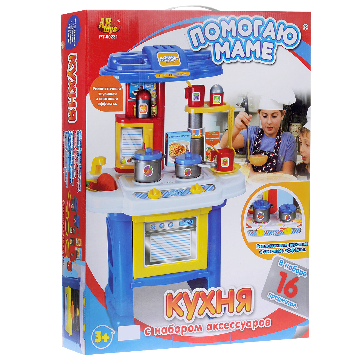 Игровой набор ABtoys Кухня. Помогаю Маме, с аксессуарами, 16 предметовPT-00231 Игровой набор ABtoys Кухня. Помогаю Маме, с аксессуарами, 16 предметовPT-00231Если ваш ребенок любит помогать маме на кухне, играть с посудой, варить и жарить, но вам приходится ограничивать его в игре с бьющимися предметами кухонной утвари, то эта детская кухня создана специально для юного поваренка. Игровой набор ABtoys Кухня. Помогаю Маме включает кухонную стойку с варочной поверхностью, духовкой, раковиной, вытяжкой и полочками, а также аксессуары для игры: кастрюлю с крышкой, сковороду, две тарелки, две чашки, набор для специй, кухонные принадлежности, продукты, лопатки и наклейки для декорирования кухни. Дверцы духового шкафа открываются. Игровой набор воспроизводит реалистичные звуковые и световые эффекты. Элементы набора выполнены из абсолютно безопасного пластика. Правильно и быстро собрать кухню поможет подробная схематичная инструкция. С такой кухней ваш ребенок сможет устроить для своих игрушек удивительный обед. Порадуйте его таким замечательным подарком! Игровые наборы Помогаю Маме научат правильно обращаться с бытовой...