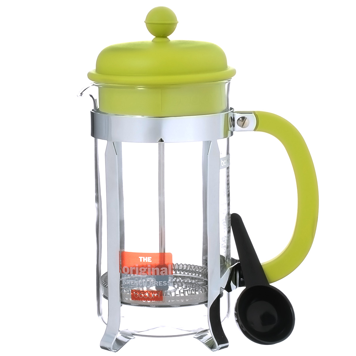Кофейник Bodum Caffettiera с прессом, с ложечкой, цвет: зеленый, 1 л. 1918-1918- Кофейник Bodum Caffettiera с прессом, с ложечкой, цвет: зеленый, 1 л. 1918-1918-Кофейник Bodum Caffettiera представляет собой колбу из термостойкого стекла в оправе из полированной нержавеющей стали. Кофейник оснащен фильтром french press из нержавеющей стали, который позволяет легко и просто приготовить отличный напиток. Ручка и крышка кофейника выполнены из прочного пластика. В комплекте небольшая мерная ложечка из черного пластика. Благодаря такому кофейнику приготовление вкуснейшего ароматного и крепкого кофе займет всего пару минут. Настоящим ценителям натурального кофе широко известны основные и наиболее часто применяемые способы его приготовления: эспрессо, по-турецки, гейзерный. Однако существует принципиально иной способ, известный как french press, благодаря которому приготовление ароматного напитка стало гораздо проще. Весь процесс приготовления кофе займет не более 7 минут. Диаметр кофейника по верхнему краю: 10 см. Высота стенки кофейника: 18 см. Длина ложечки: 10 см.