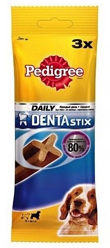 Лакомство Pedigree Denta Stix для собак средних пород, 77 г10229 Лакомство Pedigree Denta Stix для собак средних пород, 77 г10229Лакомство Pedigree Denta Stix подходит для собак средних пород старше 4-х месяцев. Для собак средних пород, например, кокер-спаниель - одна палочка в день. Предназначено для собак весом 10-25 кг. Благодаря х-образной форме и специальной текстуре, регулярное употребление Denta Stix помогает уменьшить образование зубного камня на 80% и обеспечивает уход за зубами. В упаковке - 3 палочки. Состав: злаки, продукты растительного происхождения, мясо и субпродукты, минералы, белковые растительные экстракты, масла и жиры, ароматизатор натуральный куриный (43,6 мг). Пищевая ценность (100 г): белки - 9,5 г; жиры - 2,6 г; зола - 6,1 г; клетчатка - 2,4 г; влага - 8 г; триполифосфат натрия - 2,4 г; сульфат цинка - 104,5 мг. Энергетическая ценность (100 г): 324 ккал. Товар сертифицирован.