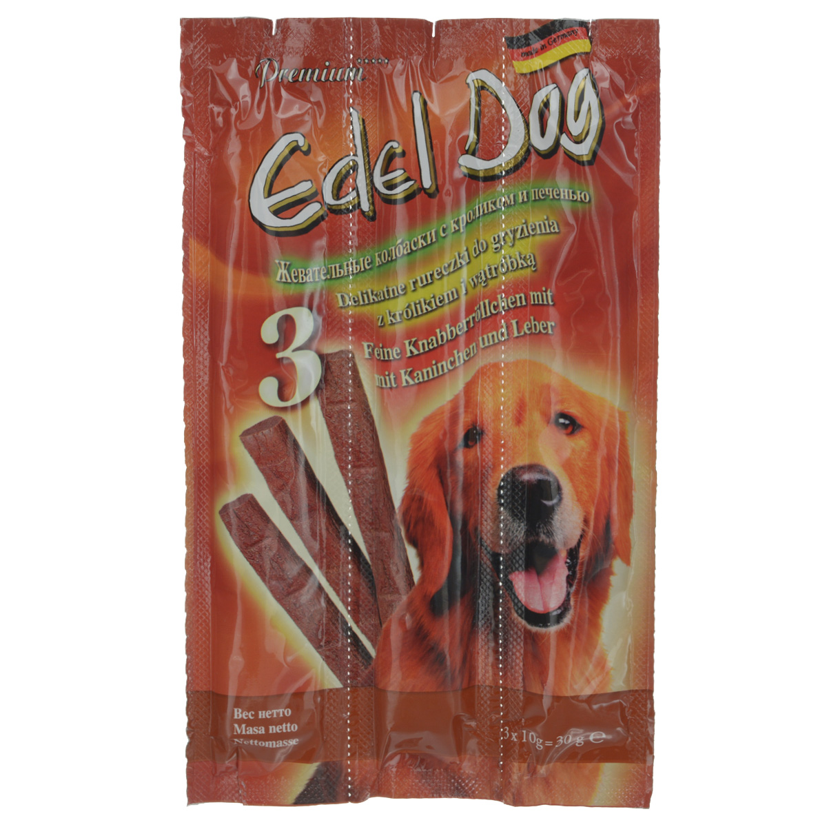 Колбаски жевательные Edel Dog для собак, с кроликом и печенью, 3 шт12826 Колбаски жевательные Edel Dog для собак, с кроликом и печенью, 3 шт12826Жевательные колбаски Edel Dog - это лакомство для собак. Используются в качестве лакомства и в дополнение к основному корму. На 95% состоят из свежего мяса с добавлением витаминно-минерального комплекса. Состав: мясо и мясопродукты (90%, в т.ч. 6% кролика, 6% печени), минеральные вещества. Технологические добавки: антиоксиданты, консерванты. Аналитический состав: сырой протеин 35%, влажность 27%, сырой жир 21%, сырая зола 9%, сырая клетчатка 0,5%. Товар сертифицирован.