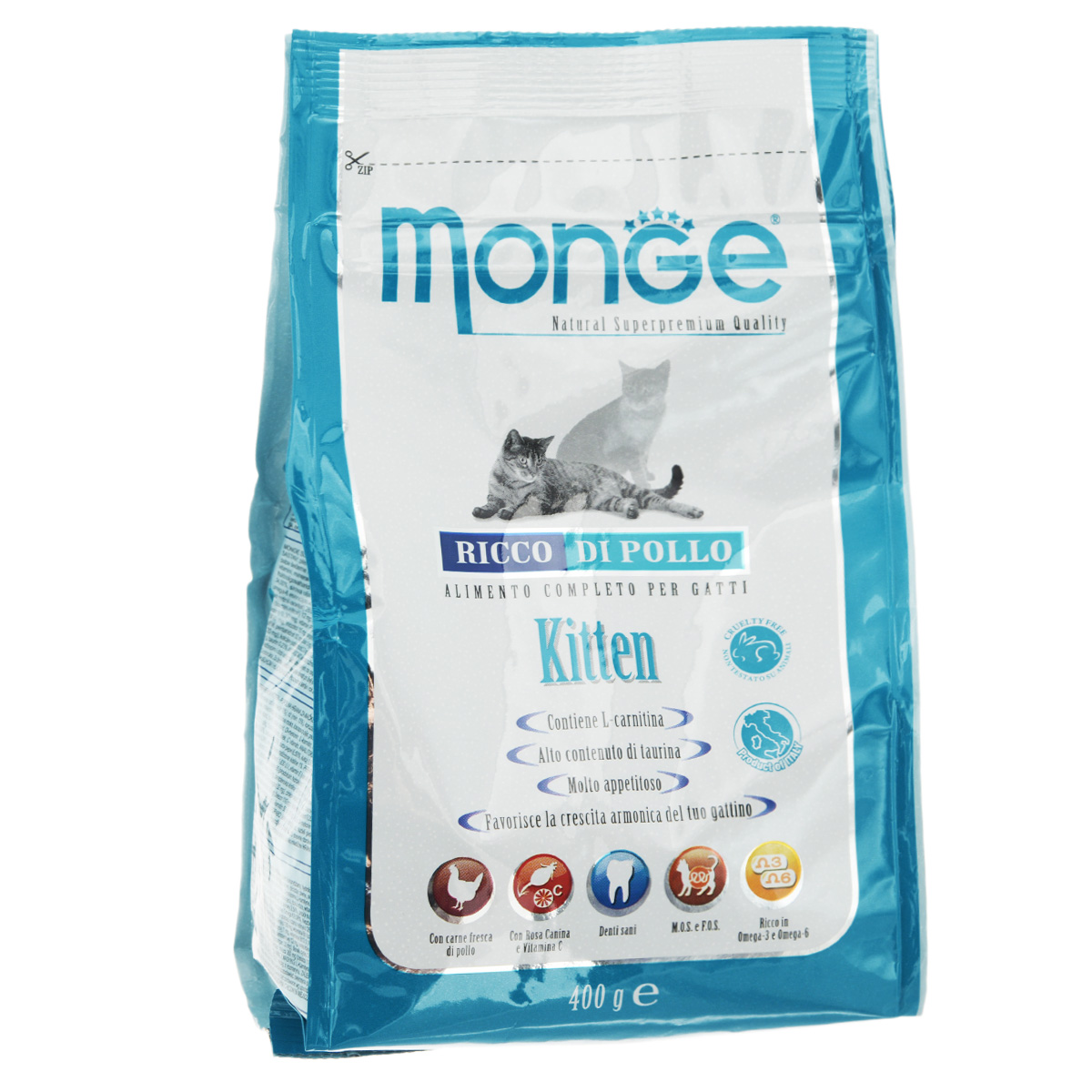Корм сухой Monge для котят 400 г70004862 Корм сухой Monge для котят 400 г70004862Сухой корм Monge - это полноценный рацион для котят. Для ваших котят моложе года, а также для беременных и кормящих кошек, данный корм является идеальным для здорового и сбалансированного роста. В корме содержатся продукты, богатые белками высокой биологической ценностью, обеспечивая ваших питомцев необходимыми пищевыми и энергетическими потребностями в питании. Более того, оптимальное соотношение жирных кислот Омега-3 и Омега-6 эффективно борются с аллергическими реакциями. Состав корма обеспечит здоровое сердце и остроту зрения, а также идеальный контроль над кишечной флорой. Высокое содержание глюкозамина и хондроитина способствует здоровым суставам. Состав: куриное мясо (свежее мин. 10%, обезвоженное 38%), кукурузный глютен, кукуруза, рис (мин. 6%), куриное масло, свекольный жом, масло лосося, дрожжи, яичный крахмал, целлюлоза (волокна гороха), Юкка Шидигера, фруктоолигосахариды 336 мг/кг, маннан-олигосахариды 336 мг/кг. Анализ: протеин...