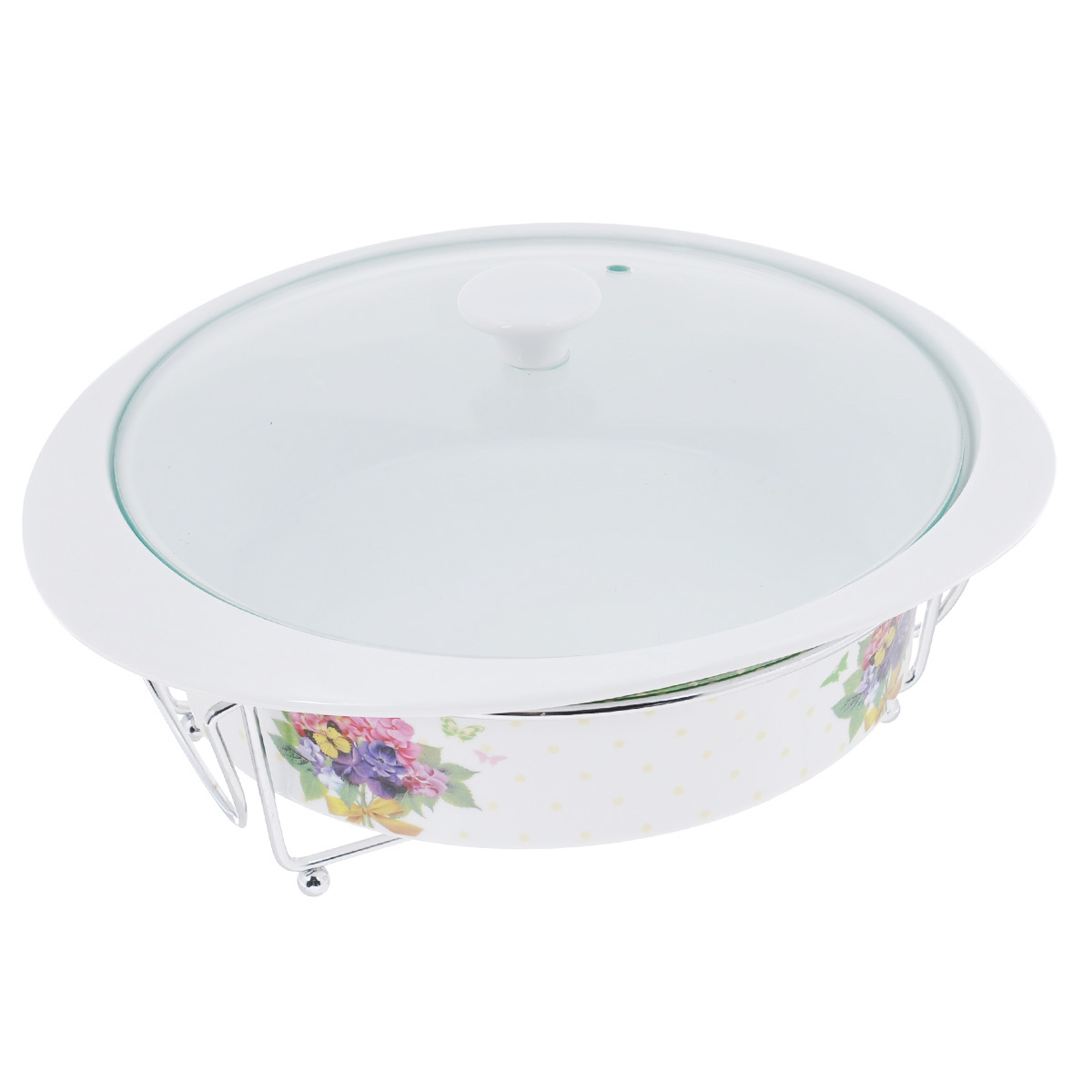 Мармит Mayer & Boch Цветы, круглый, 1,9 л24225 Мармит Mayer & Boch Цветы, круглый, 1,9 л24225Круглый мармит Mayer & Boch, изготовленный из высококачественной керамики, подходит для любого вида пищи. Элегантный дизайн с ручной росписью идеально подходит для современного дома. Мармит оснащен стеклянной крышкой с удобной бакелитовой ручкой и пароотводом. Металлическая подставка с двумя подсвечниками позволит сохранить ваше блюдо горячим и вкусным (свечи в комплект не входят). Это изделие подходит для приготовления, разогрева, заморозки и подачи пищи. Керамическое блюдо можно использовать в посудомоечной машине и микроволновой печи.