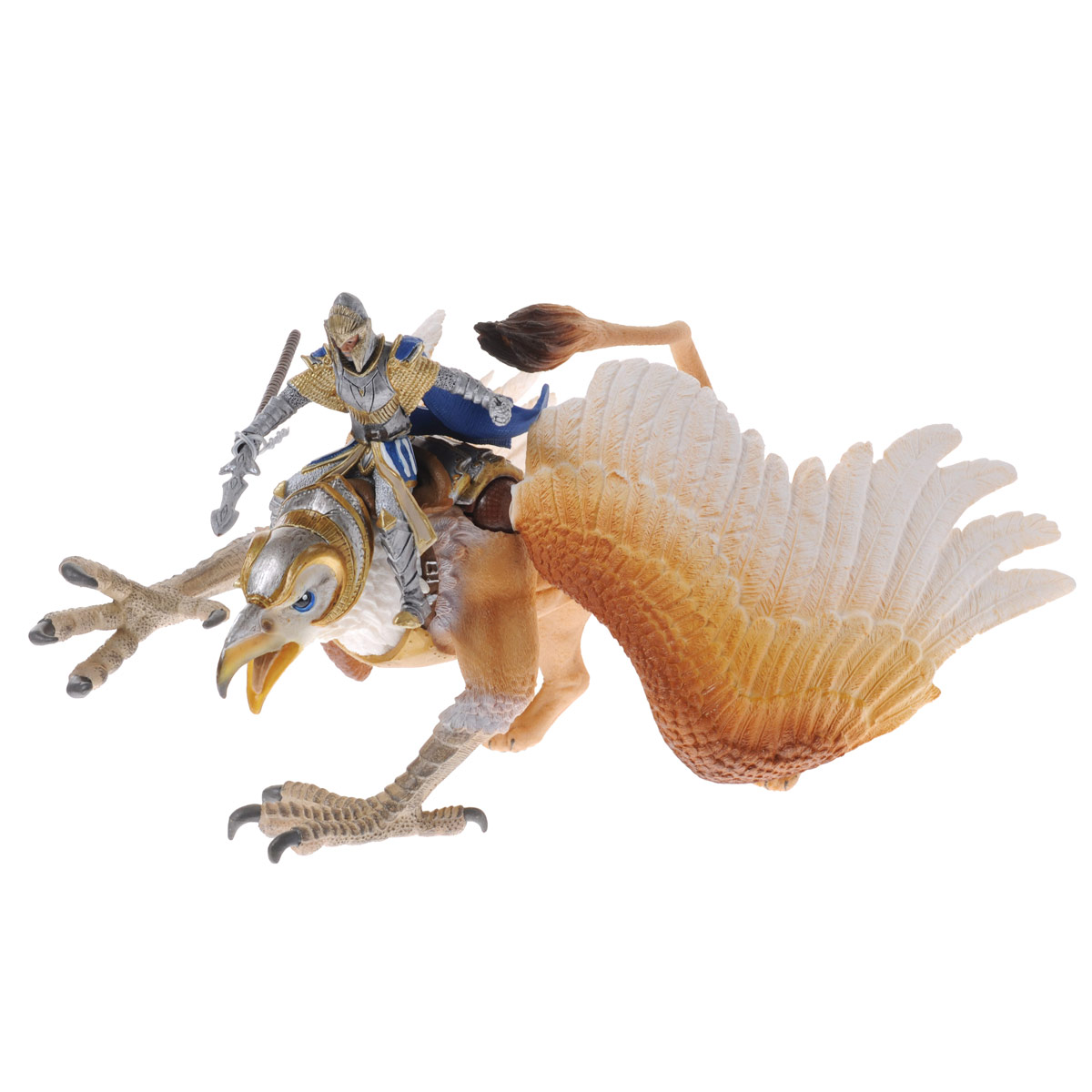 Фигурка Schleich Всадник на грифоне, 16 см70107 Фигурка Schleich Всадник на грифоне, 16 см70107Фигурка Schleich Всадник на грифоне станет прекрасным подарком для вашего ребенка. Она выполнена из каучукового пластика в виде рыцаря с копьем на грифоне. Детали фигурки четкие и максимально детализированы, что привлечет внимание ребенка, который с огромным удовольствием будет играть с ней в ролевые игры. Фигурка разъемная и ваш ребенок может играть отдельно как с всадником, так и с грифоном. Всадник надежно крепится к грифону с помощью магнитов, встроенных в фигурки. Копье вынимается из руки. Такая фигурка непременно понравится вашему ребенку и станет замечательным украшением любой коллекции. На своей сильной птице рыцарь может летать выше и дальше, чем на любом другом существе. Вождь оседлал эту гордую птицу, надел на нее мощную броню. Грифон обладает прекрасным зрением, он замечает любое движение с очень большого расстояния, это делает вождя практически непобедимым.