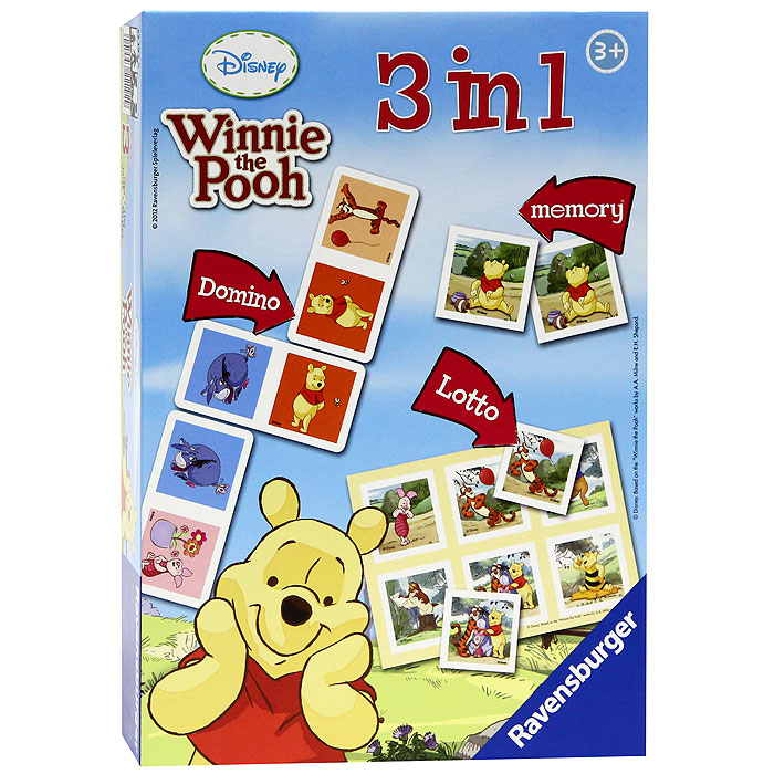Настольная игра Ravensburger Винни, 3 в 122192 Настольная игра Ravensburger Винни, 3 в 122192Настольная игра Винни, 3 в 1, непременно понравится вашему малышу и станет для него любимым развлечением в кругу друзей. Настольная игра включает в себя три популярных игры всех времен: Мемори, Лото и Домино. Комплект игры включает 28 карточек домино, 24 карточки с рисунками и две карты лото. Настольная игра Винни, включающая в себя три популярные игры с известным и любимым персонажем, гарантирует веселое времяпровождение, а в процессе игры помогает развивать память.