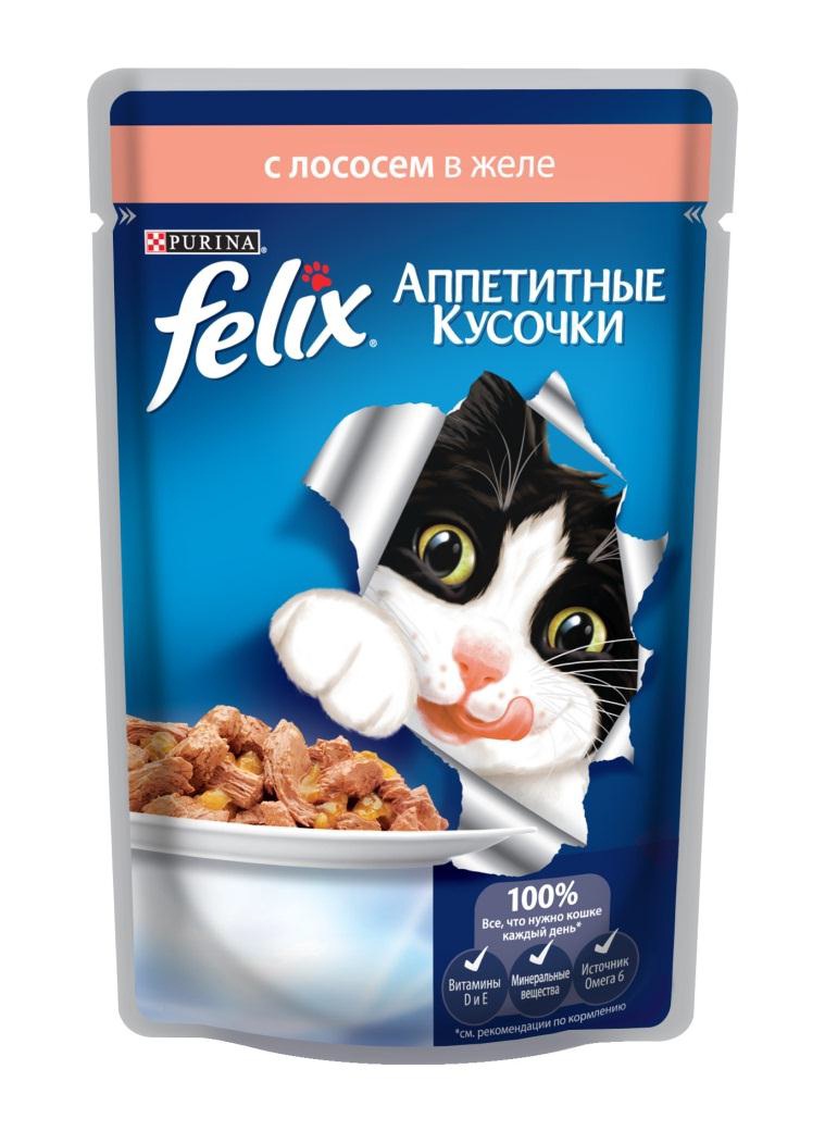 Консервы для кошек Felix, аппетитные кусочки с лососем в желе, 85 г12114151 Консервы для кошек Felix, аппетитные кусочки с лососем в желе, 85 г12114151Felix Аппетитные кусочки - это совершенно особенный корм для кошек. У него такой аппетитный вид и аромат, словно его приготовили вы сами. Felix Аппетитные кусочки создан по специально разработанной рецептуре: это нежнейшие кусочки с мясом или рыбой, покрытые сочным желе. Ваш кот будет готов есть такую вкуснятину хоть каждый день - на завтрак, обед и ужин. Рекомендации по кормлению: Для взрослой кошки среднего веса (4кг) требуется примерно 3 пакетика в день. Кормление желательно разделить на два приема. Для беременных или кормящих кошек кормление без ограничений. Подавать корм при комнатной температуре. Следите, чтобы у вашей кошки всегда была чистая, свежая питьевая вода. Состав: мясо и субпродукты, экстракт растительного белка, рыба и рыбные субпродукты (лосось мин.4%), минеральные вещества, сахар. Пищевая ценность в 100г: белки 13%, жир 3%, сырая зола 2,2%, сырая клетчатка 0,5%. Добавленные вещества МЕ/кг: витамин А 1490, витамин D3 230,...
