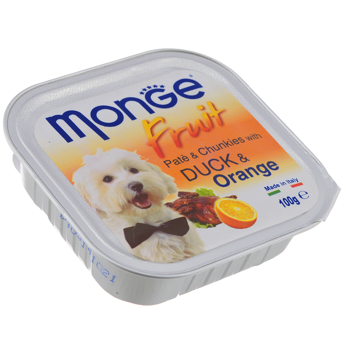 Консервы для собак Monge Fruit, утка с апельсином, 100 г70013239 Консервы для собак Monge Fruit, утка с апельсином, 100 г70013239Консервы для собак Monge Fruit - это полнорационный корм для собак. Паштет с уткой и апельсином. Состав: свежее мясо 80% (содержание утиного мяса мин. 10%), апельсин 4%, минеральные вещества, витамины. Технологические добавки: загустители и желирующие вещества. Анализ компонентов: белок 8,5%, жир 7%, сырая клетчатка 0,5%, сырая зола 2,2%, влажность 80%. Витамины и добавки на 1 кг: витамин А 3000 МЕ, витамин D3 400 МЕ, витамин Е 15 мг. Товар сертифицирован.