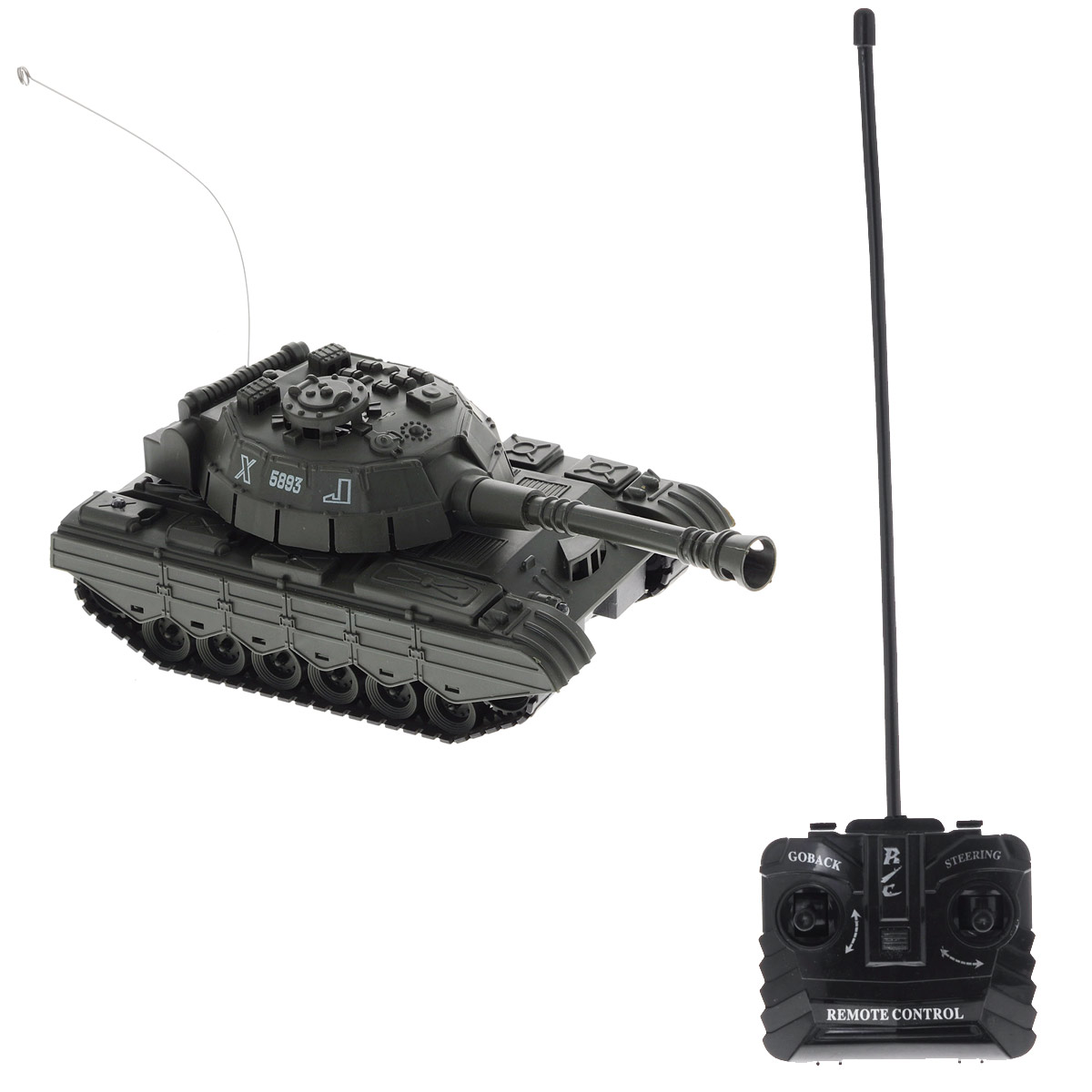ABtoys Танк на радиоуправлении C-00115 цвет зеленыйC-00115 т.-зеленый ABtoys Танк на радиоуправлении C-00115 цвет зеленыйC-00115 т.-зеленыйРадиоуправляемая модель ABtoys Боевой танк - отличный подарок не только ребенку, но и взрослому, увлекающемуся военной техникой. Танк изготовлен из прочного пластика, оснащен светодиодами, загорающимися во время вращения башни. Игрушка выполнена с вниманием к деталям. Танк передвигается при помощи скрытых колесиков, что позволяет создать иллюзию гусеничного хода. Ствол танка поднимается и опускается. Танк имеет высокую скорость движения. При помощи пульта управления танк может двигаться вперед, назад, поворачивать влево и вправо на 360°. Радиоуправляемая модель подарит массу удовольствия и детям, и взрослым. С ней можно играть часами, придумывая различные истории или просто испытывая возможности танка. Порадуйте себя и своего ребенка таким замечательным подарком! Пульт управления работает от 2 батареек напряжением 1,5V типа АА (не входят в комплект), танк работает от 4 батареек напряжением 1,5V типа АА(не входят в комплект).
