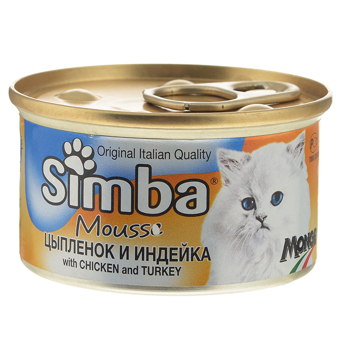 Консервы для кошек Monge Simba, мусс с курицей и индейкой, 85 г70009447 Консервы для кошек Monge Simba, мусс с курицей и индейкой, 85 г70009447Консервы для кошек Monge Simba - это полноценный сбалансированный корм для кошек. Мусс с курицей и индейкой. Ежедневная норма для кошки среднего размера (3-4 кг) - 400 г. Порцию можно разделить на несколько приемов. Состав: мясо и мясные субпродукты (курица 20%, индейка 10%), злаки, минеральные вещества. Анализ компонентов: сырой белок 8,5%, сырой жир 6%, сырая клетчатка 0,5%, сырая зола 2%, влажность 78%. Витамины и добавки на 1 кг: витамин D3 250 МЕ, витамин Е 5 мг, загустители, желирующие вещества. Товар сертифицирован.