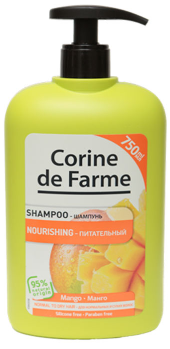 Corine De Farme Питательный шампунь с Манго, 750 мл14166 Corine De Farme Питательный шампунь с Манго, 750 мл14166Питательный шампунь с манго естественным образом питает и придает мягкость нормальным и сухим волосам. Состав обогащен манго и кокосовым молочком, которые питают волосы и восстанавливают их гладкость.